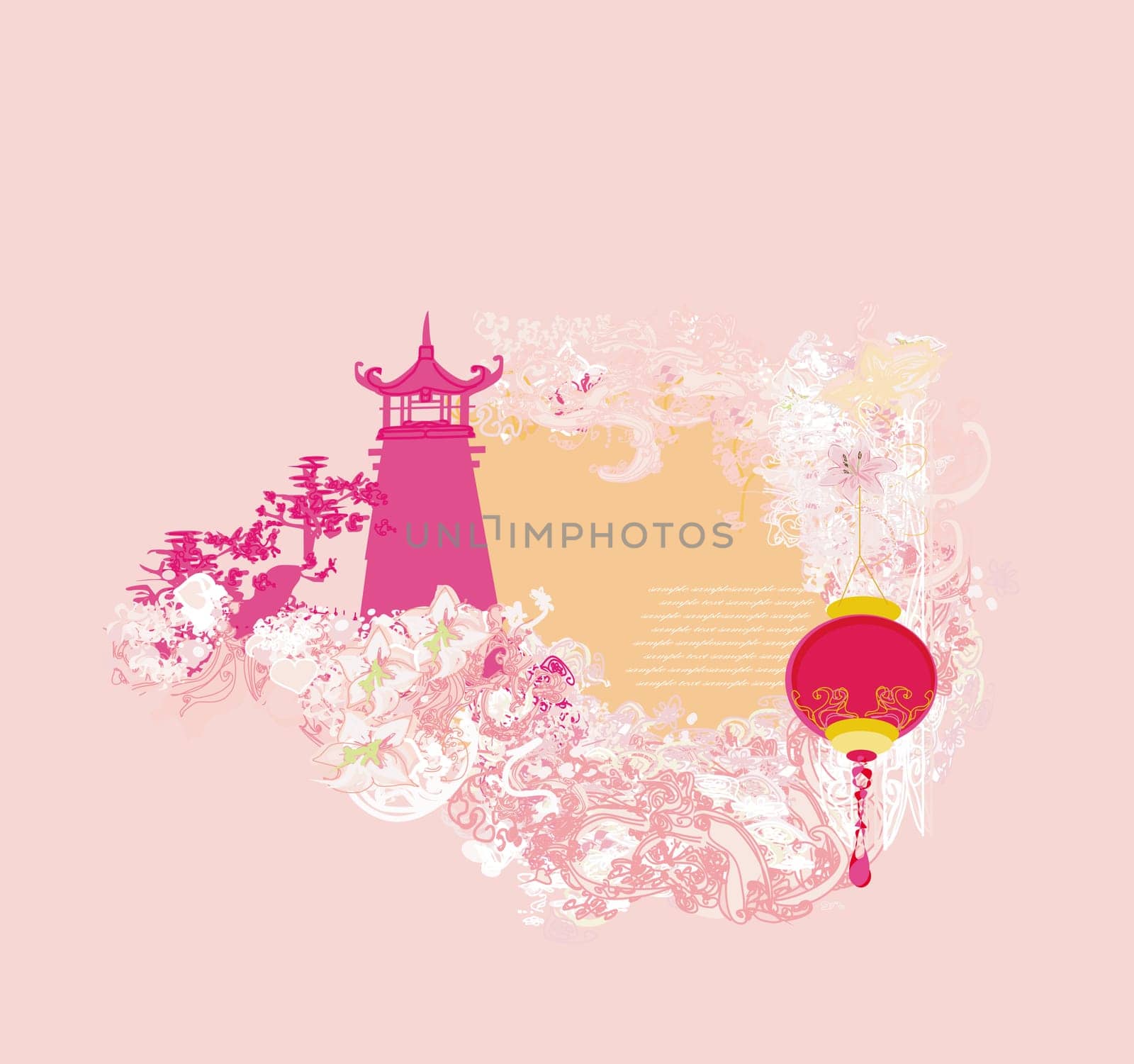 old paper with Asian Landscape and Chinese Lanterns - vintage japanese style background