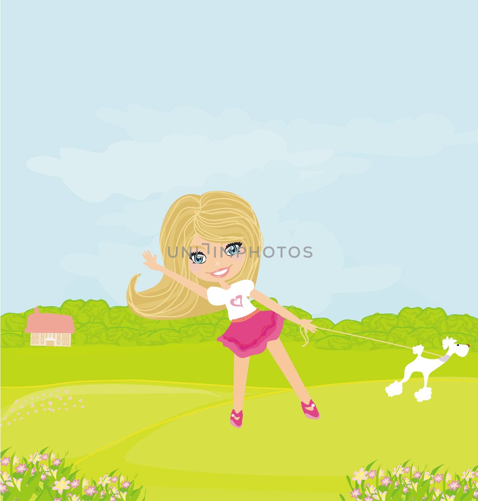 sweet girl and her puppy  on rural landscape