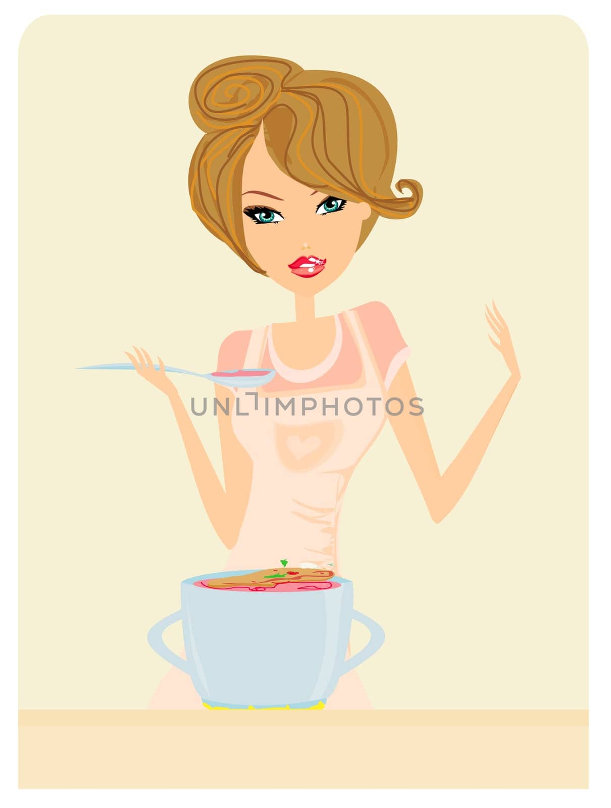 Beautiful lady cooking soup in the kitchen