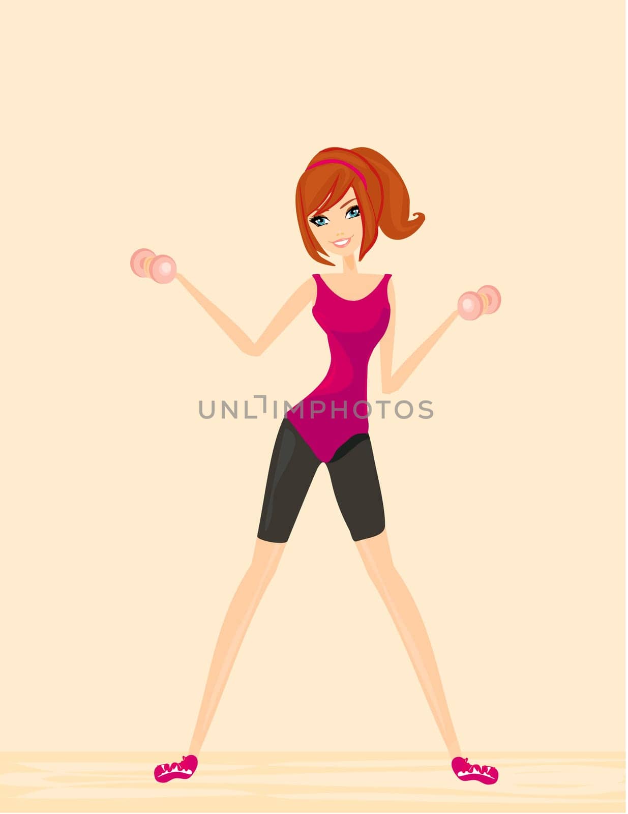fit brunette woman exercising with two dumbbell weights on her hands