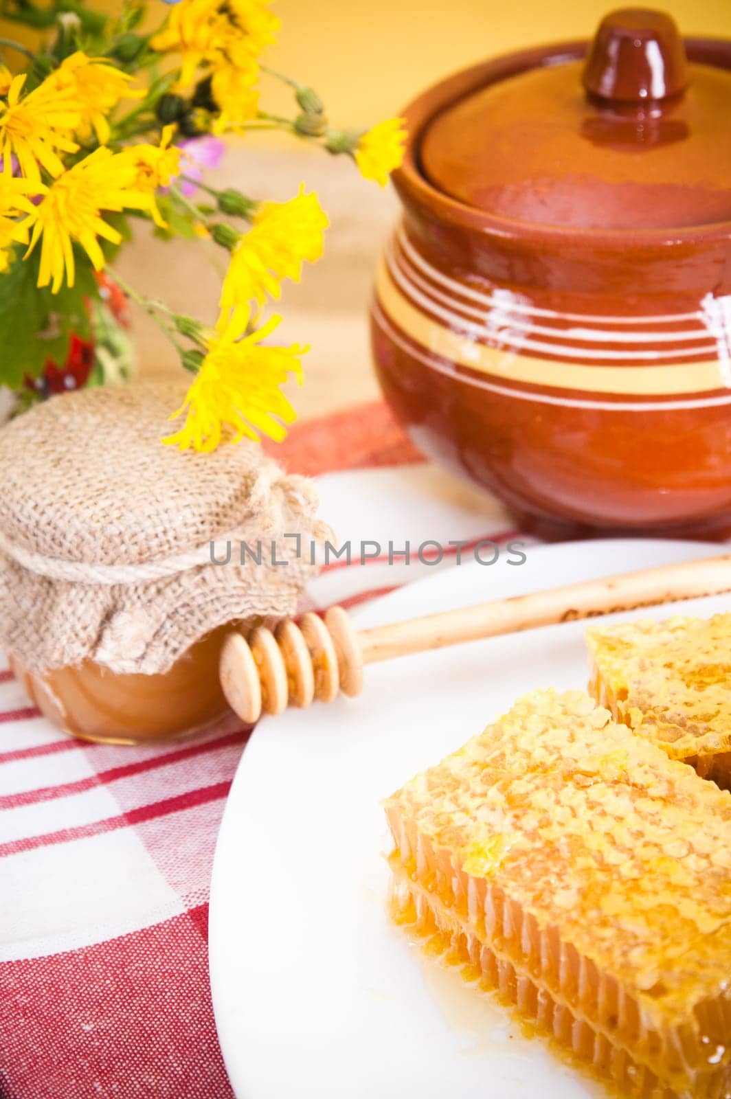 Still life with honeycombs, flowers and pot