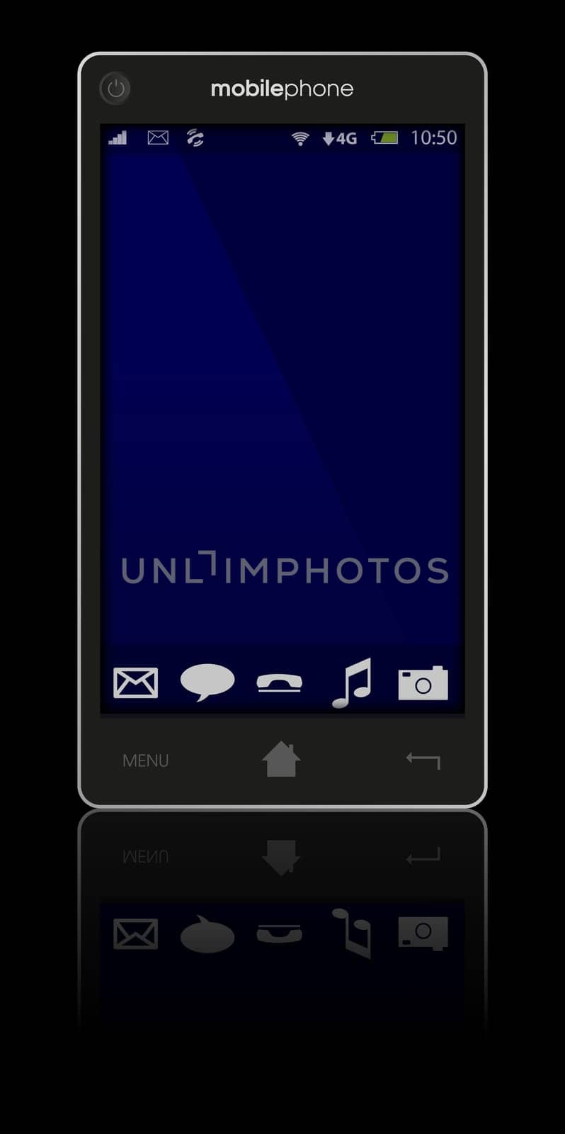 Illustration of Fictitious Mobile Phone Isolated on Black Background - With Reflection