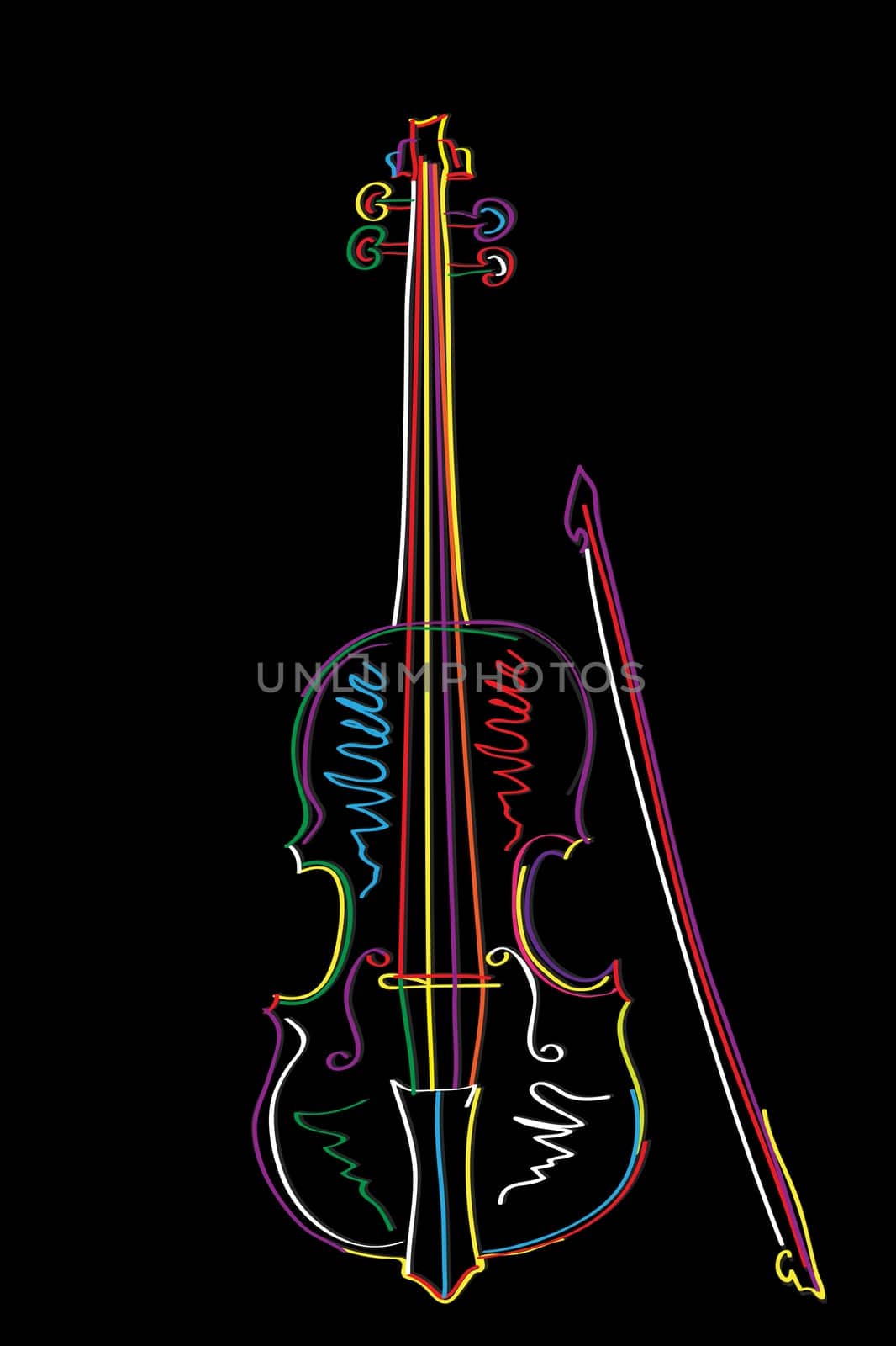 Graphic brush sketch illustration of a stylized violin and bow  over black.