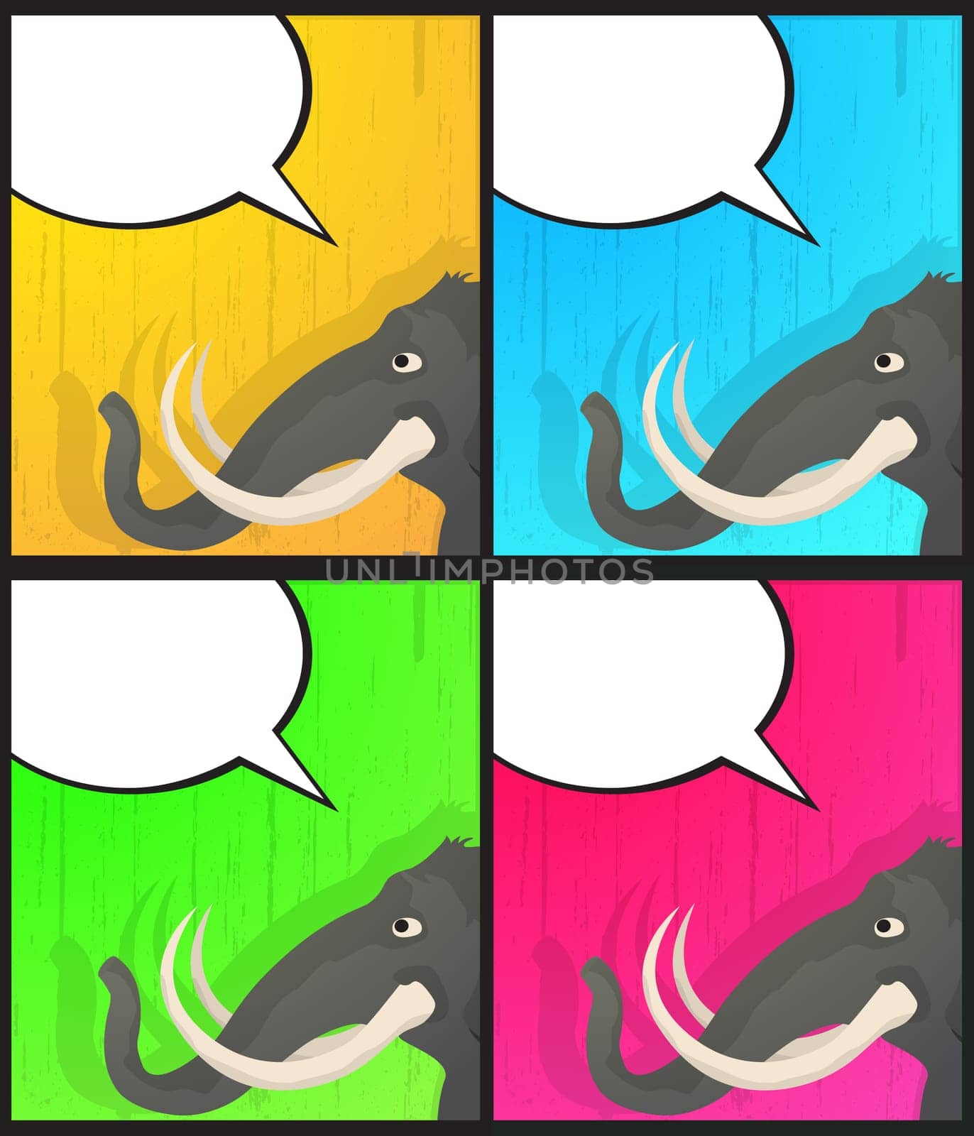 Pop art style graphic of a cartoon elephant head with a speech bubble.