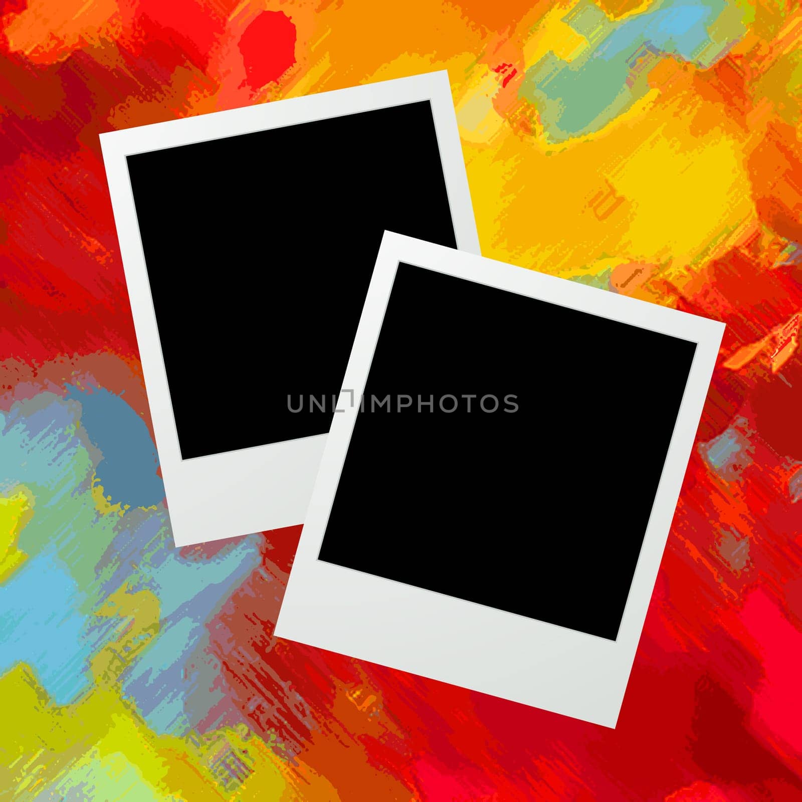 Graphic illustration of two photo frames over a grunge painted background