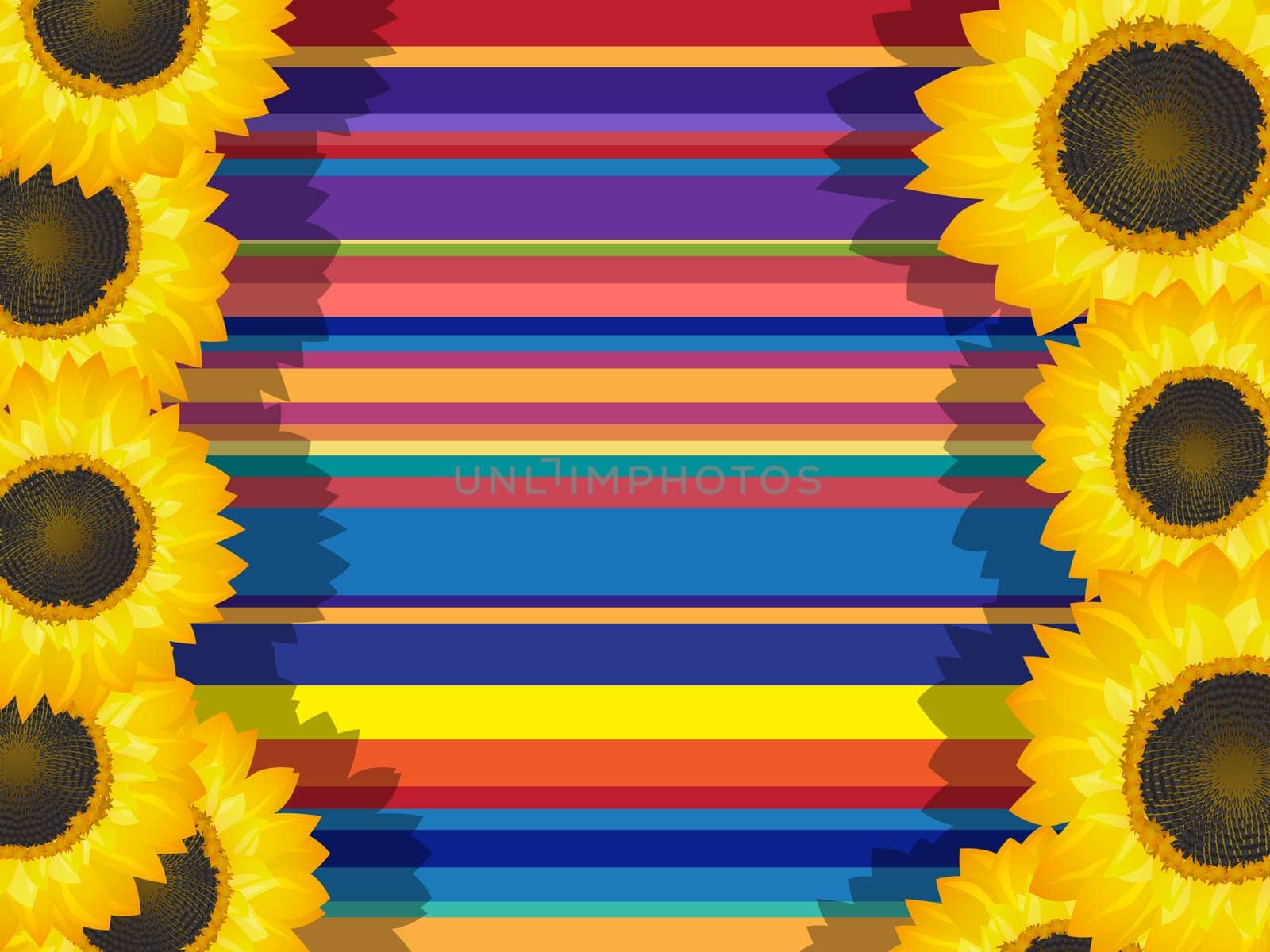 Decorative floral frame with sunflowers and color stripes.