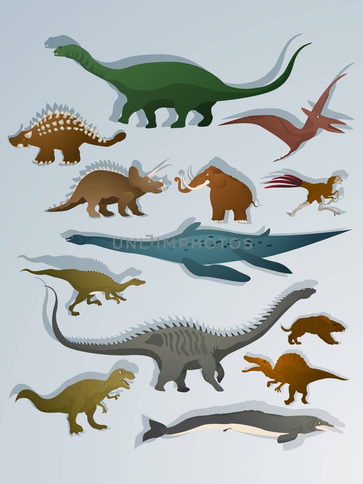 Collection of dinoasurs and ancient animals cartoon drawing set.
