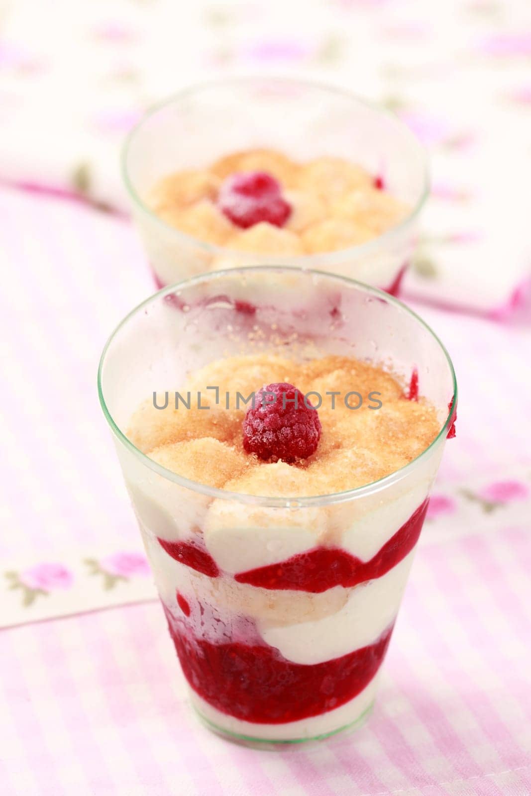 Frozen dessert with panna cotta and raspberries