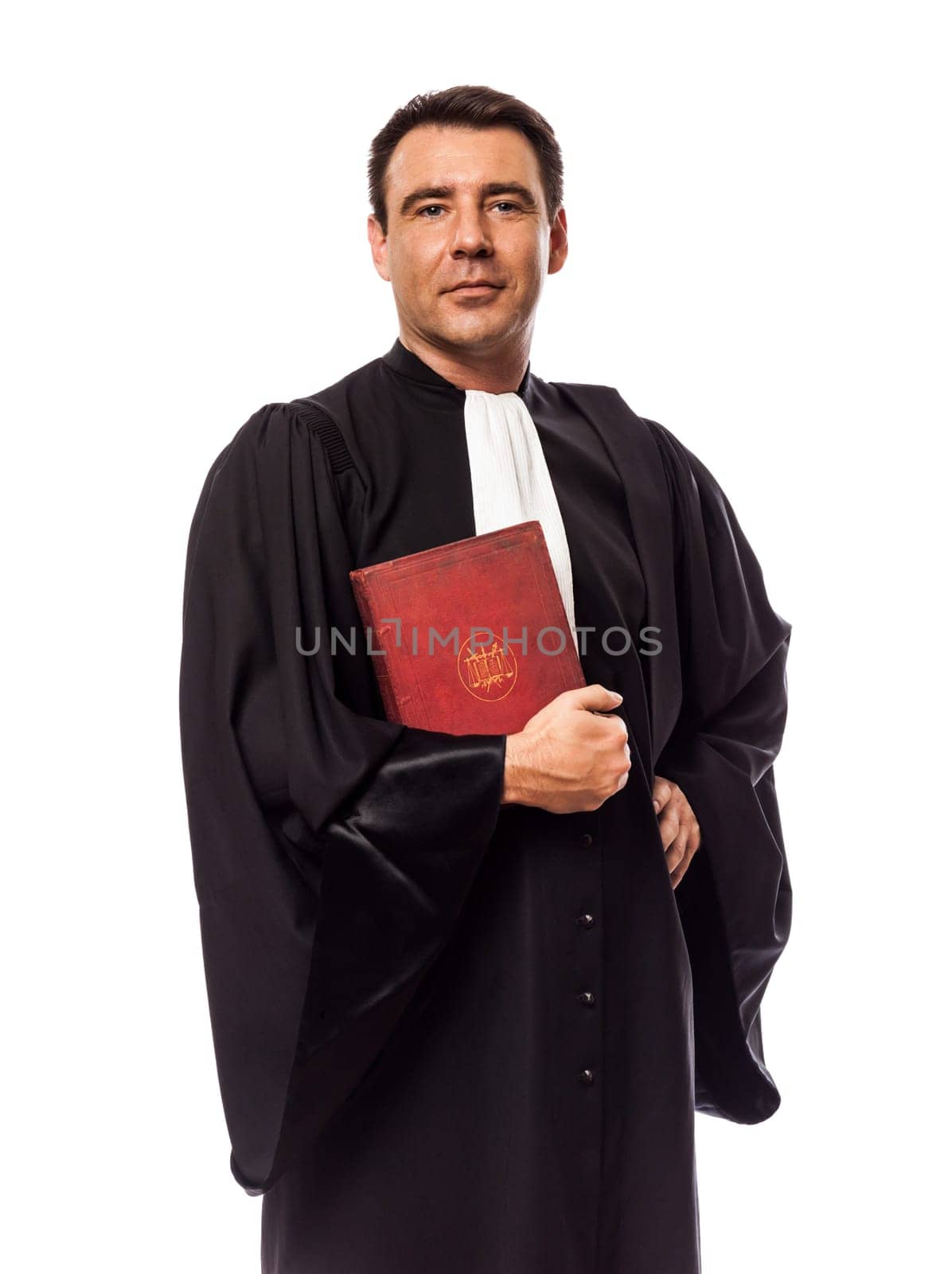 one caucasian lawyer man in studio isolated on white background