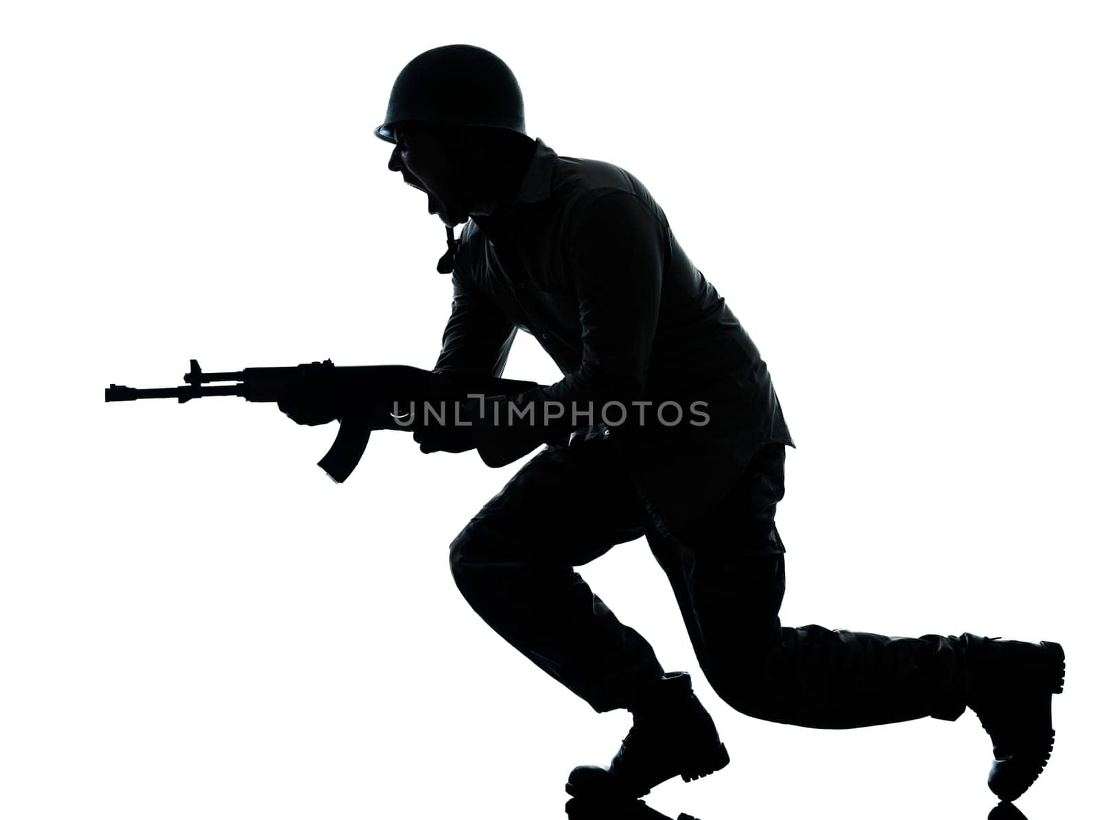 one caucasian army soldier man attacking on studio isolated on white background