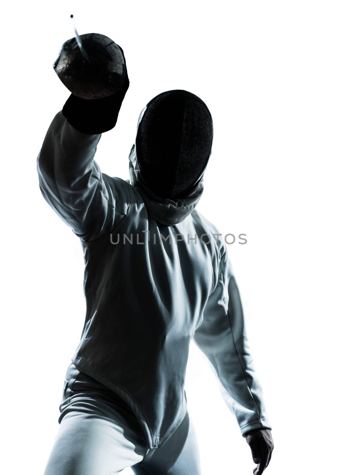 one man fencing silhouette in studio isolated on white background