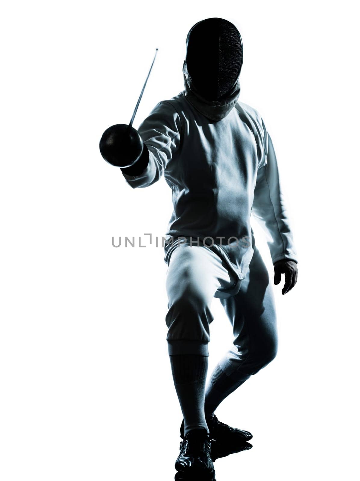 one man fencing silhouette in studio isolated on white background
