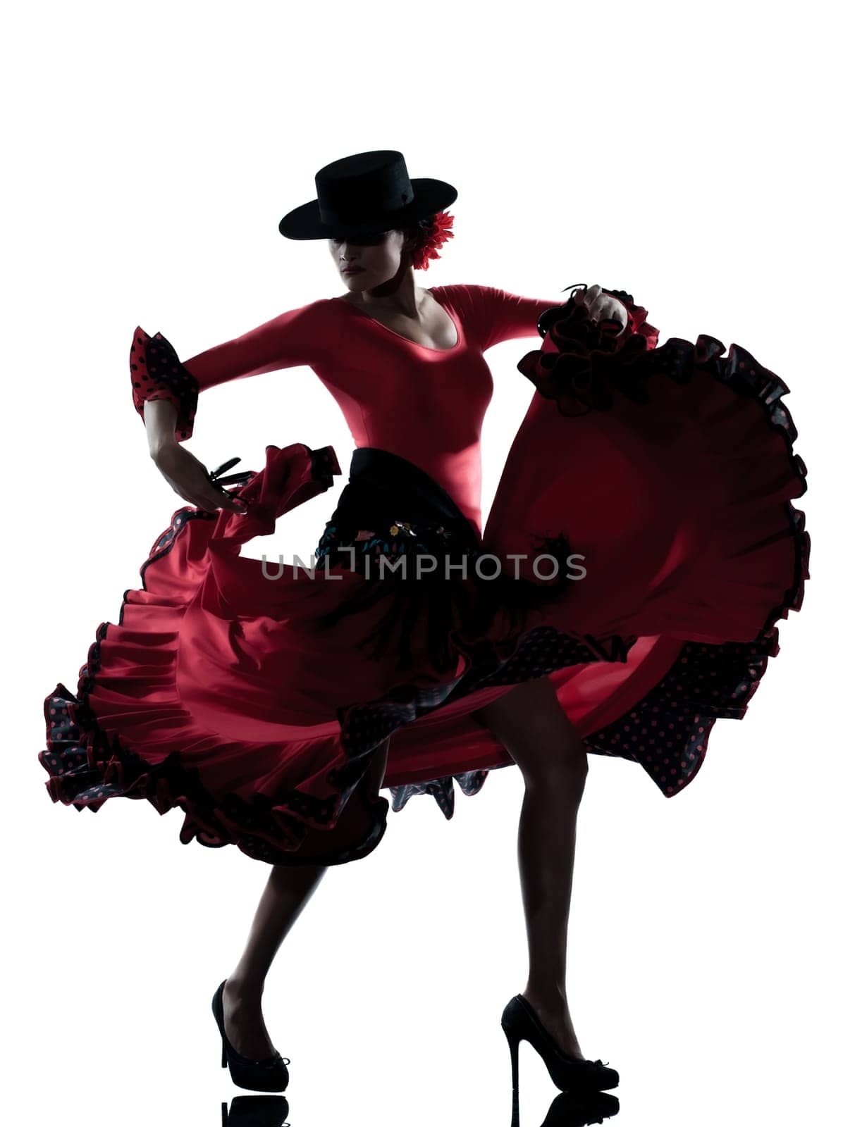 one woman gypsy flamenco dancing dancer on studio isolated white background