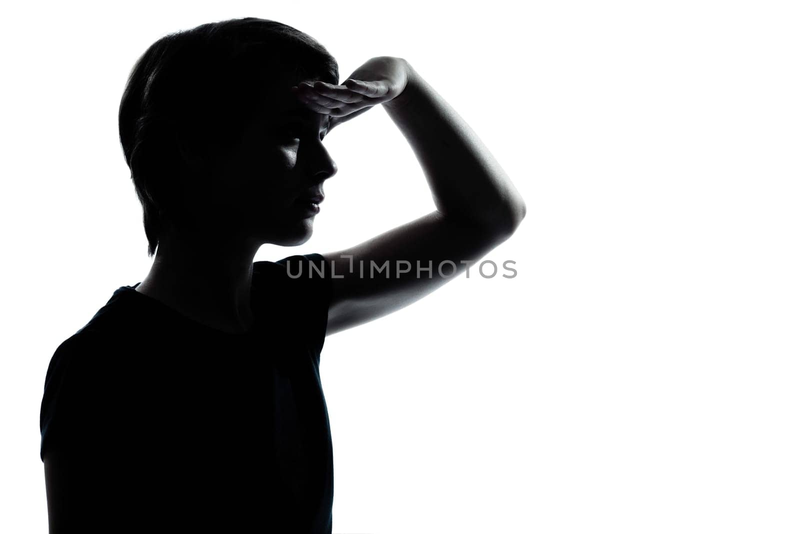 one caucasian young teenager silhouette boy or girl  looking foward  portrait in studio cut out isolated on white background