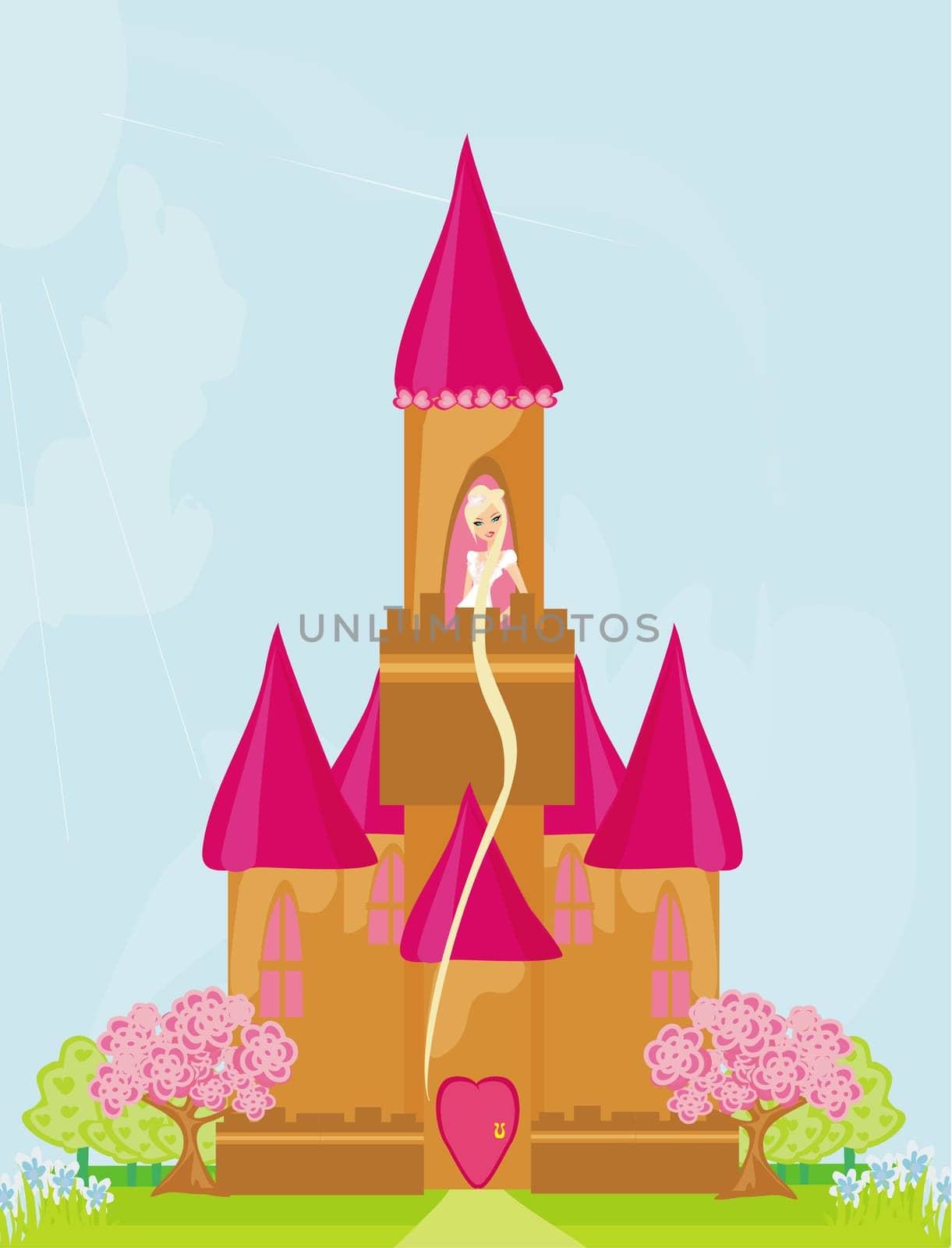 Illustration of princess in tower waiting for Prince