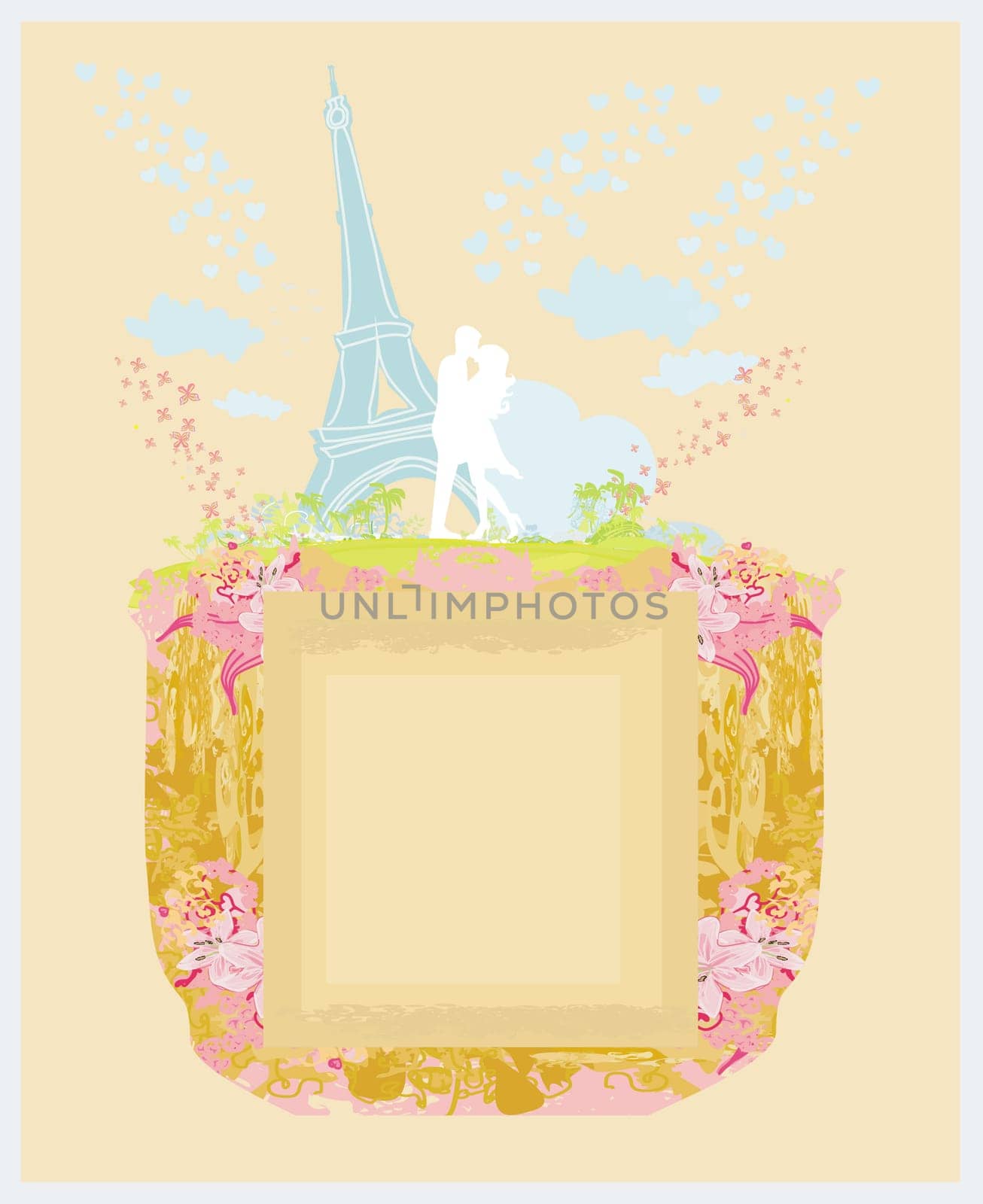 Romantic couple in Paris kissing near the Eiffel Tower Retro card