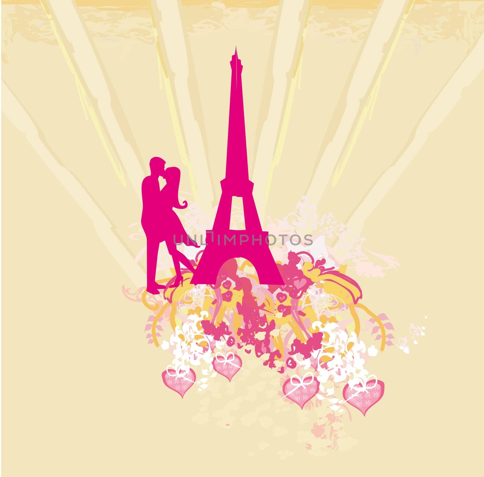 Romantic couple in Paris kissing near the Eiffel Tower Retro card