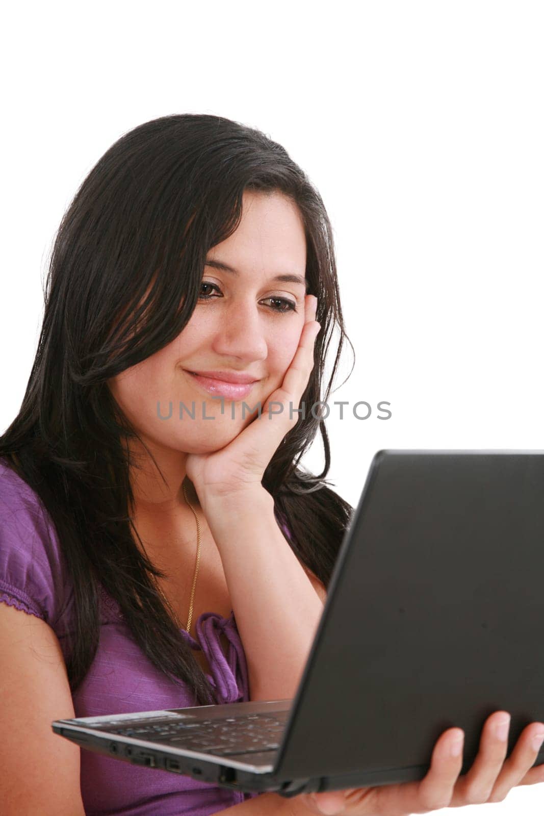 picture of pensive woman with laptop computer