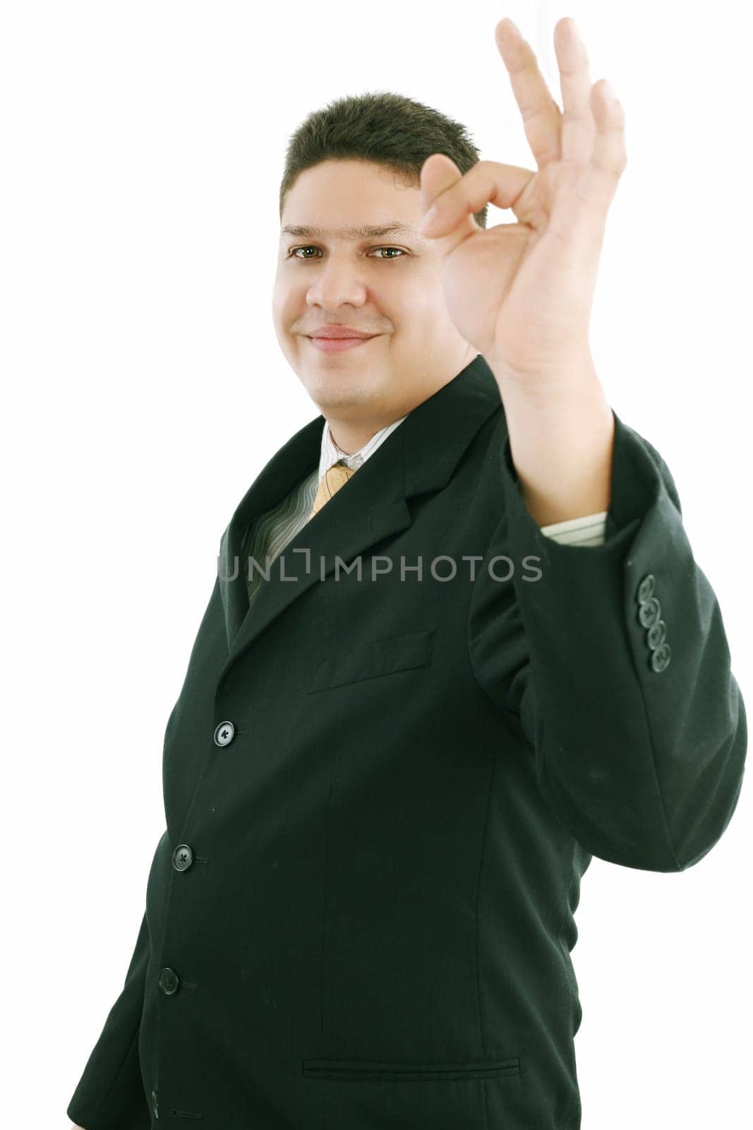 caucasian man ok hand sign gesture studio portrait on isolated white background