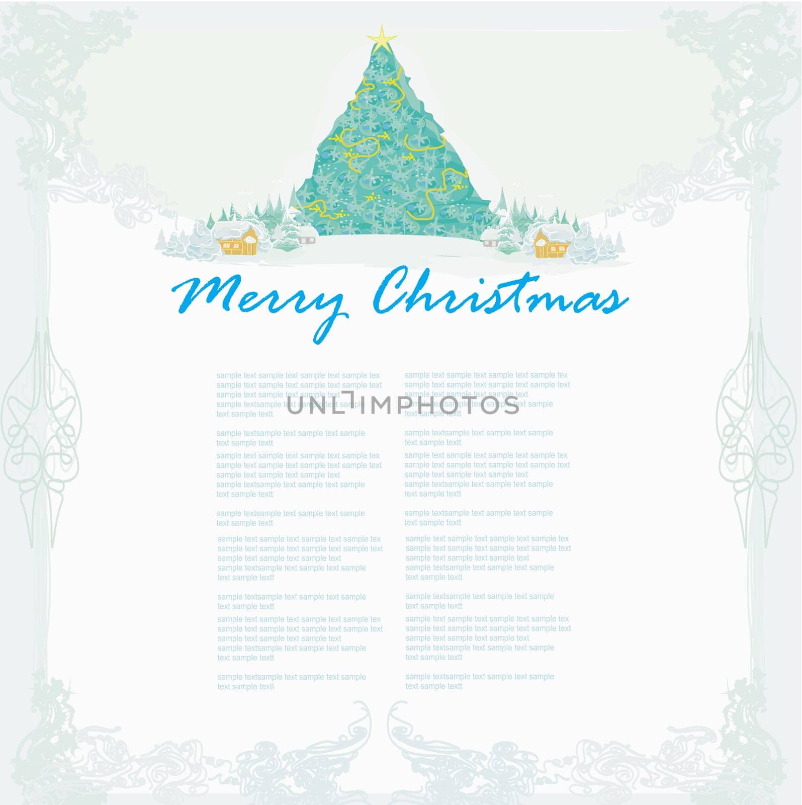 Abstract christmas tree card on the village landscape