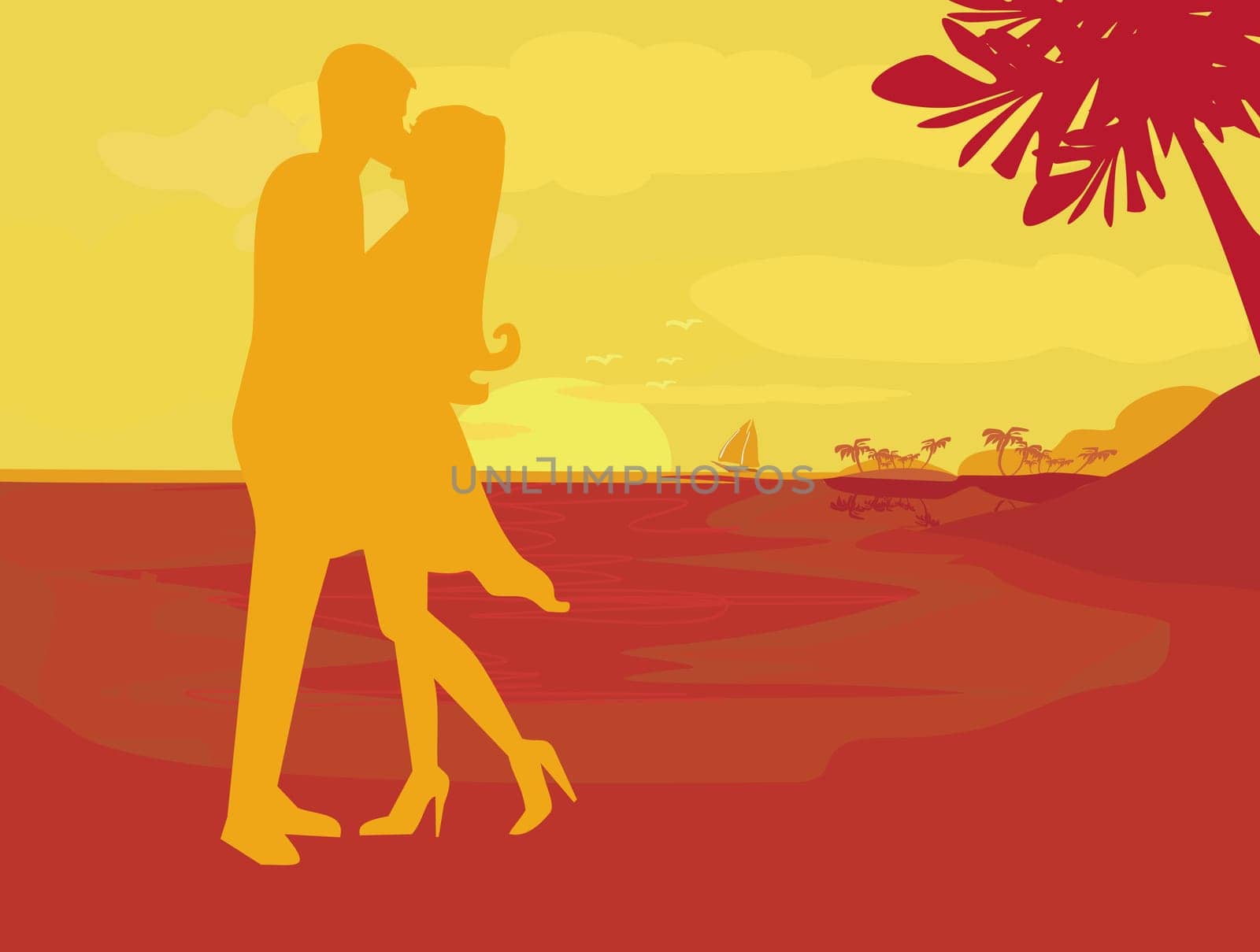 silhouette couple kissing on tropical beach