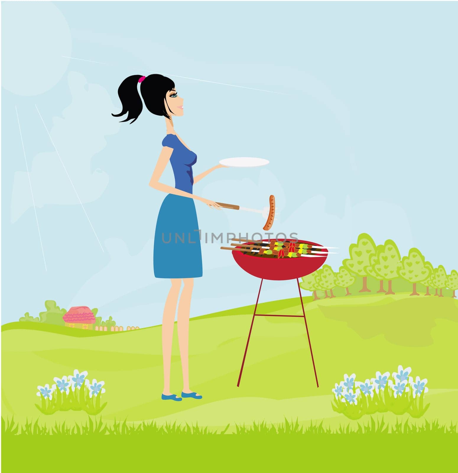 woman cooking on her barbecue on rural landscape