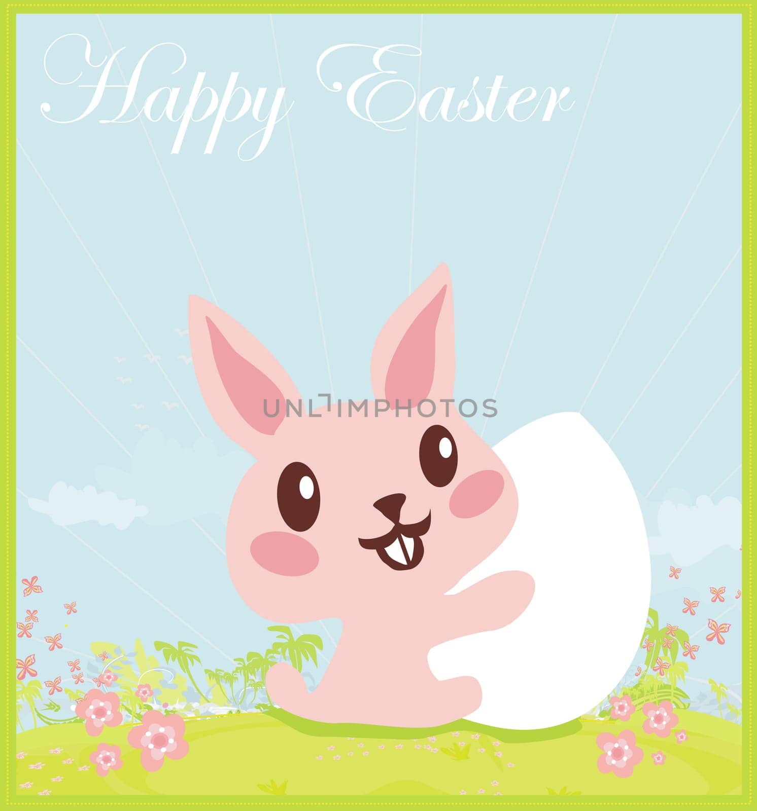 Illustration of happy Easter bunny carrying egg