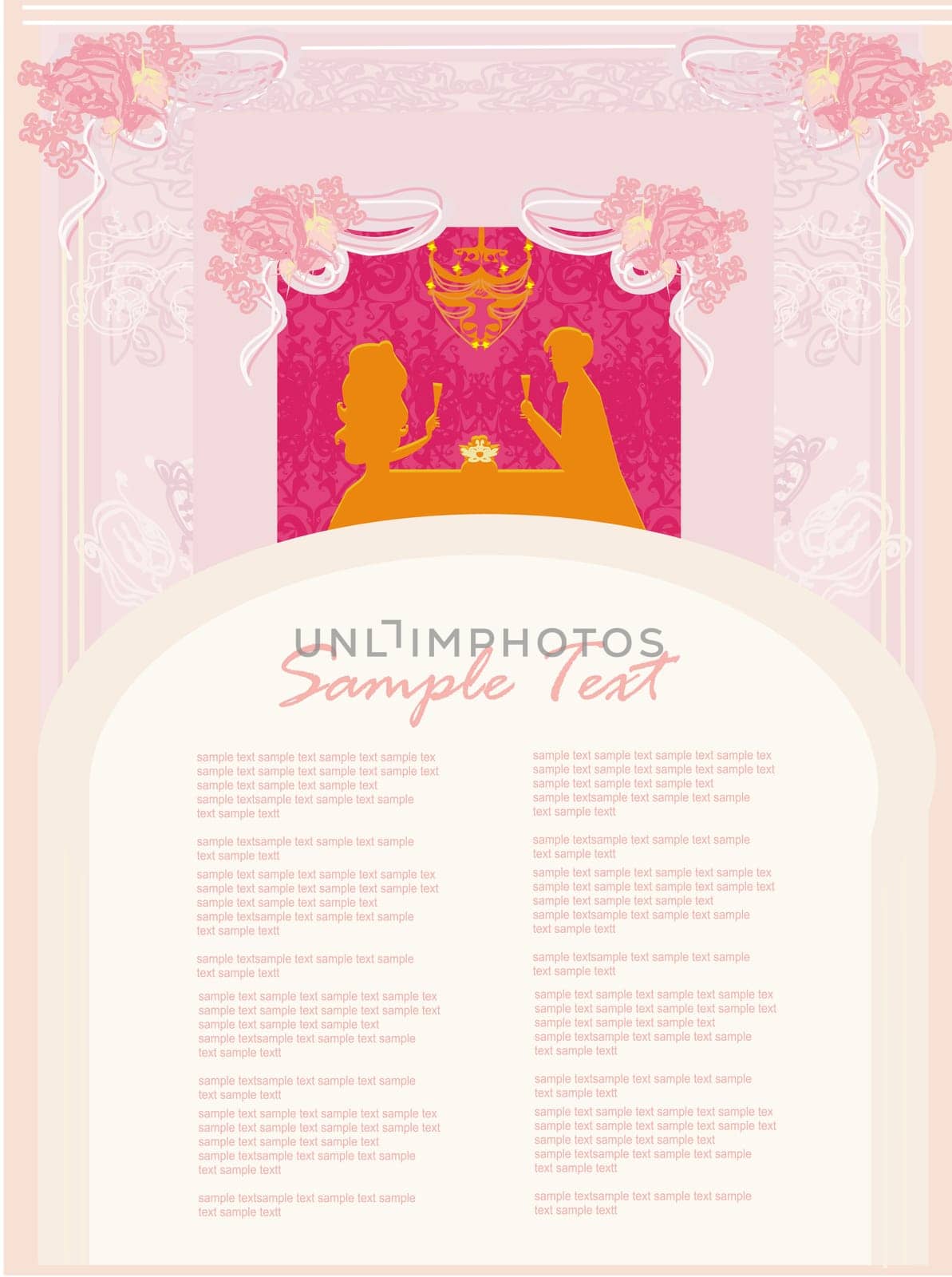 Young couple flirt and drink champagne ,card