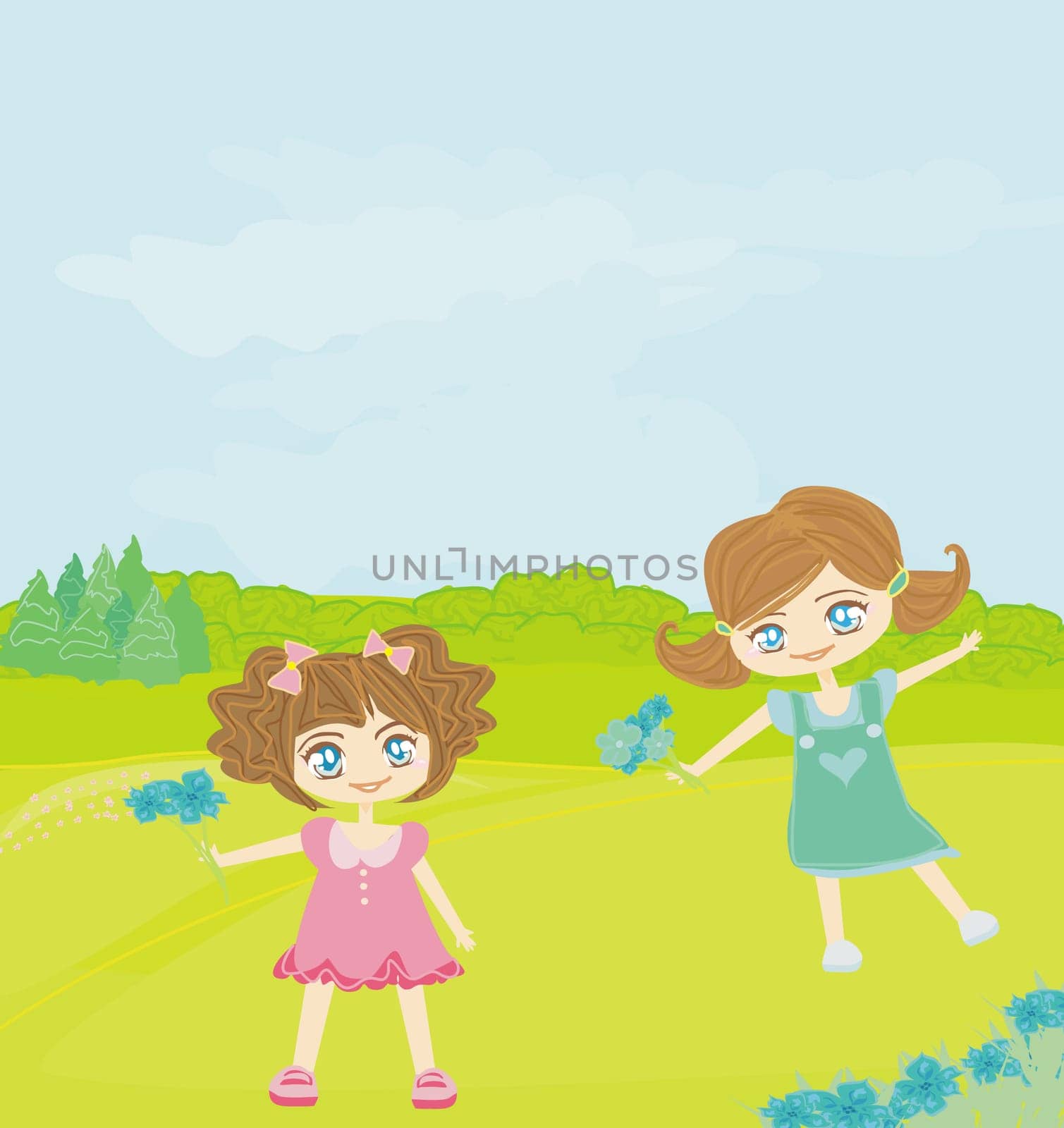 sweet girls play on rural landscape
