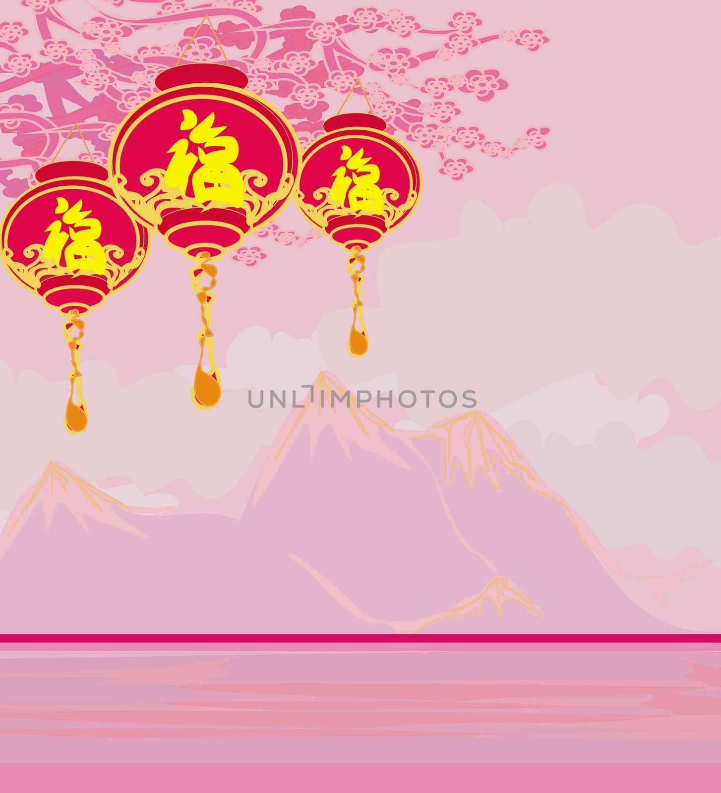 Chinese New Year card with asian lanterns