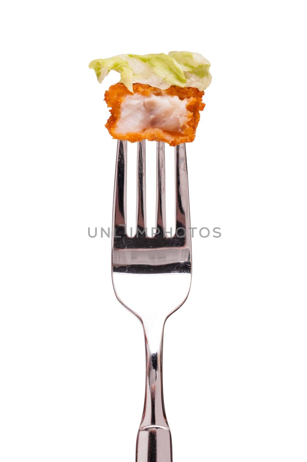 White Isolated Fried Fish with Green Lettuce Leaf on a Fork