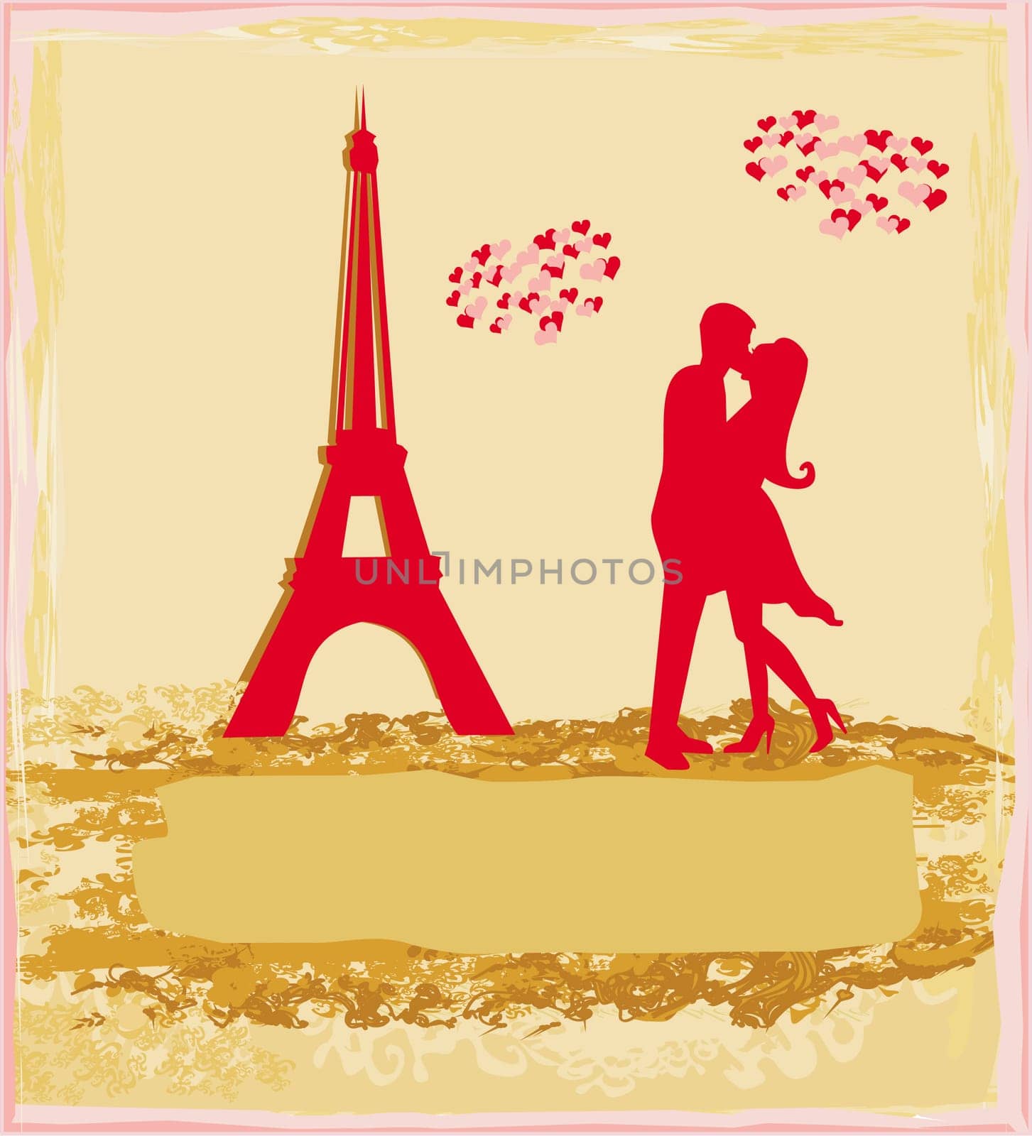 Romantic couple in Paris kissing near the Eiffel Tower Retro card