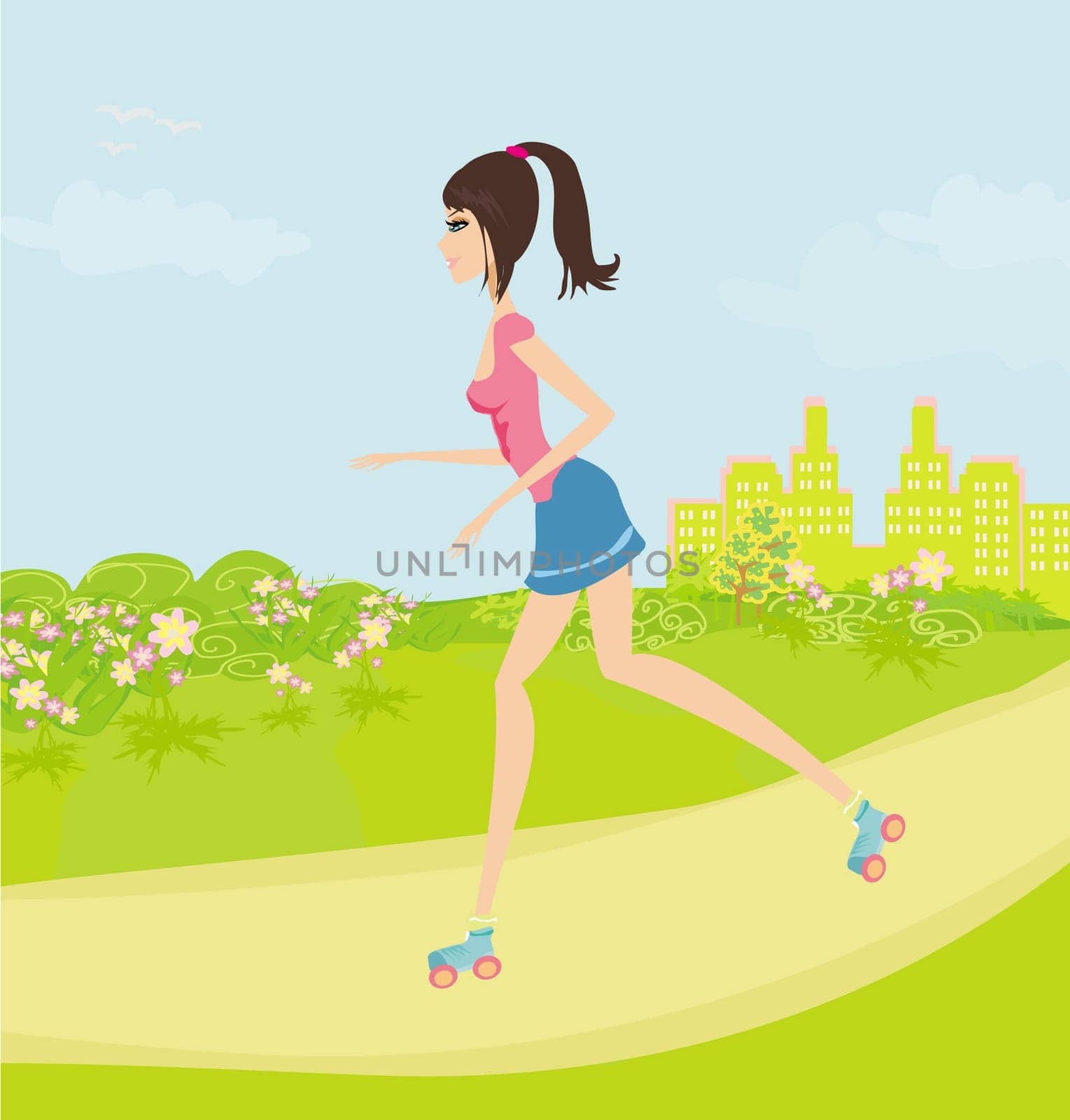 teen girl having fun on roller skates in the park