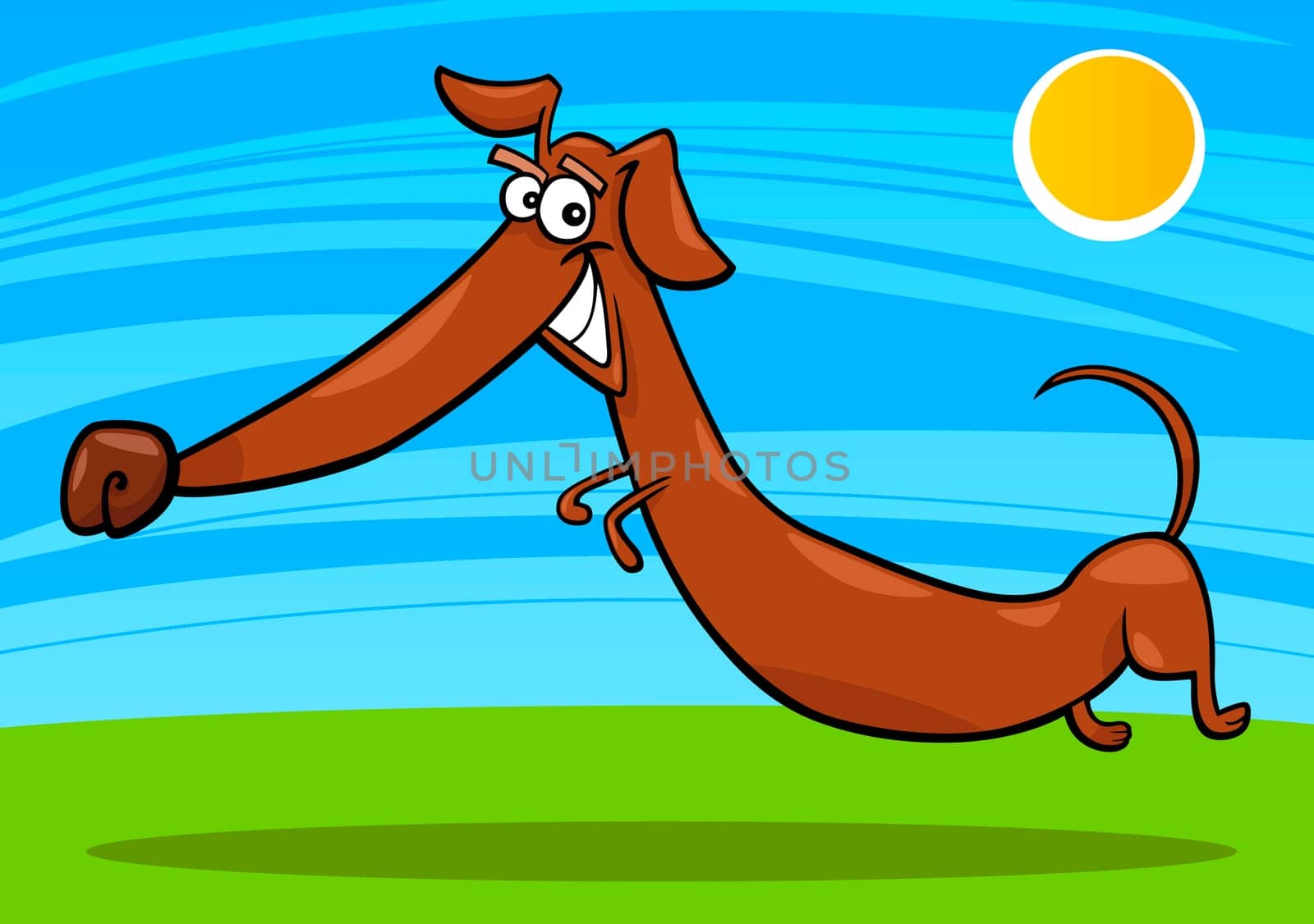 cartoon illustration of happy jumping dachshund dog