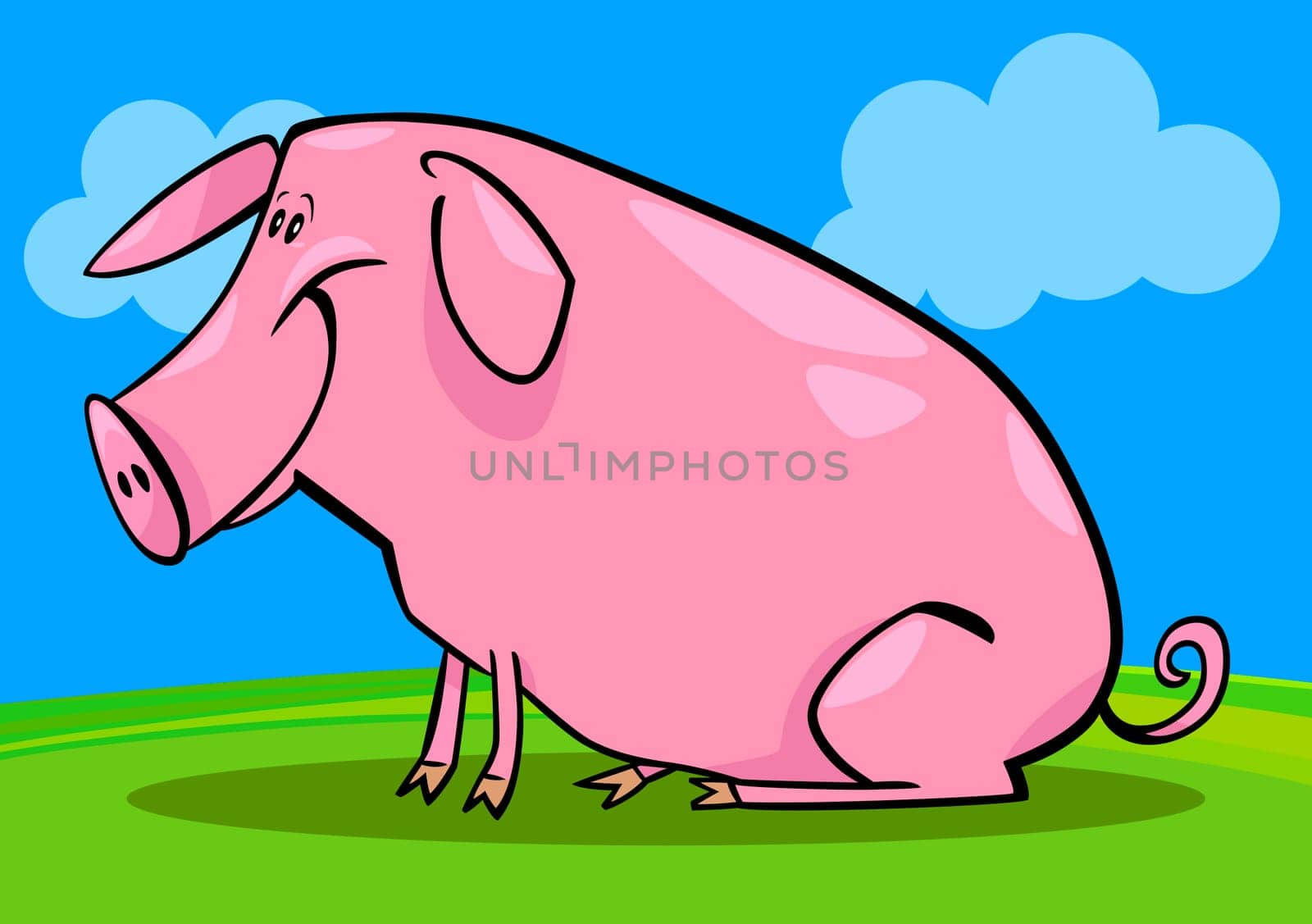 cartoon illustration of cute pink farm pig