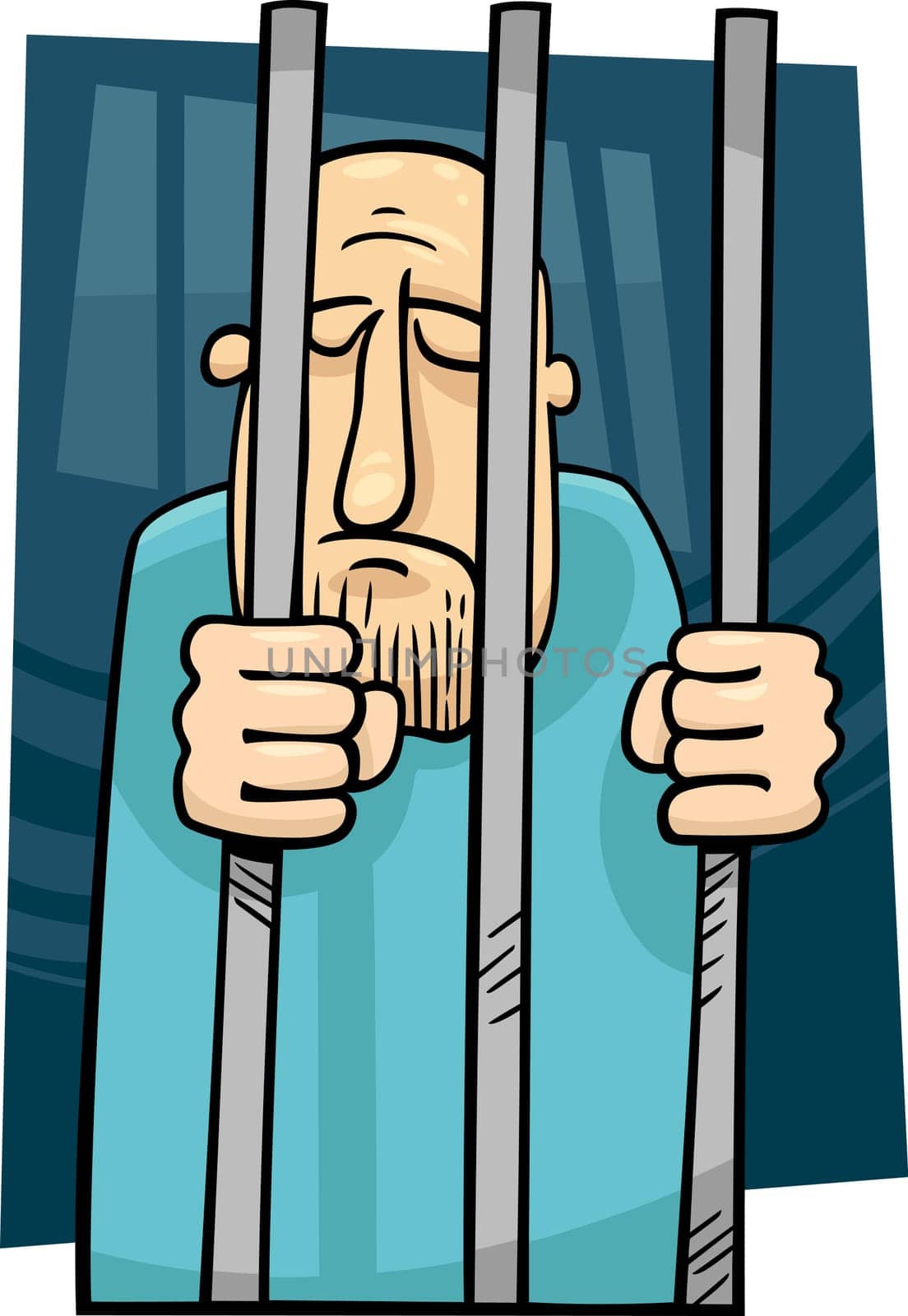 cartoon illustration of sad jailed man behind the prison bars