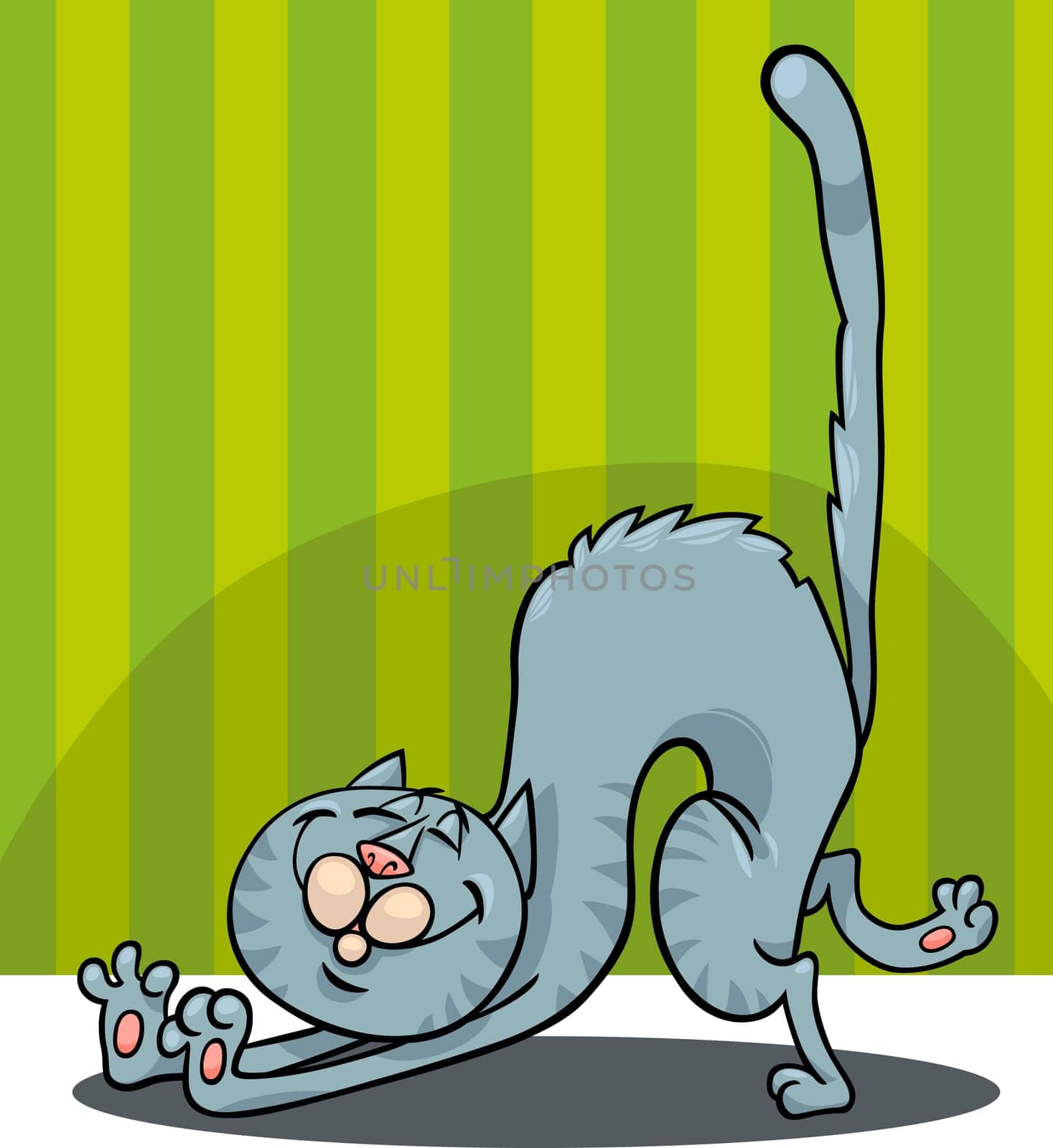 Cartoon Illustration of Stretching Happy Gray Cat