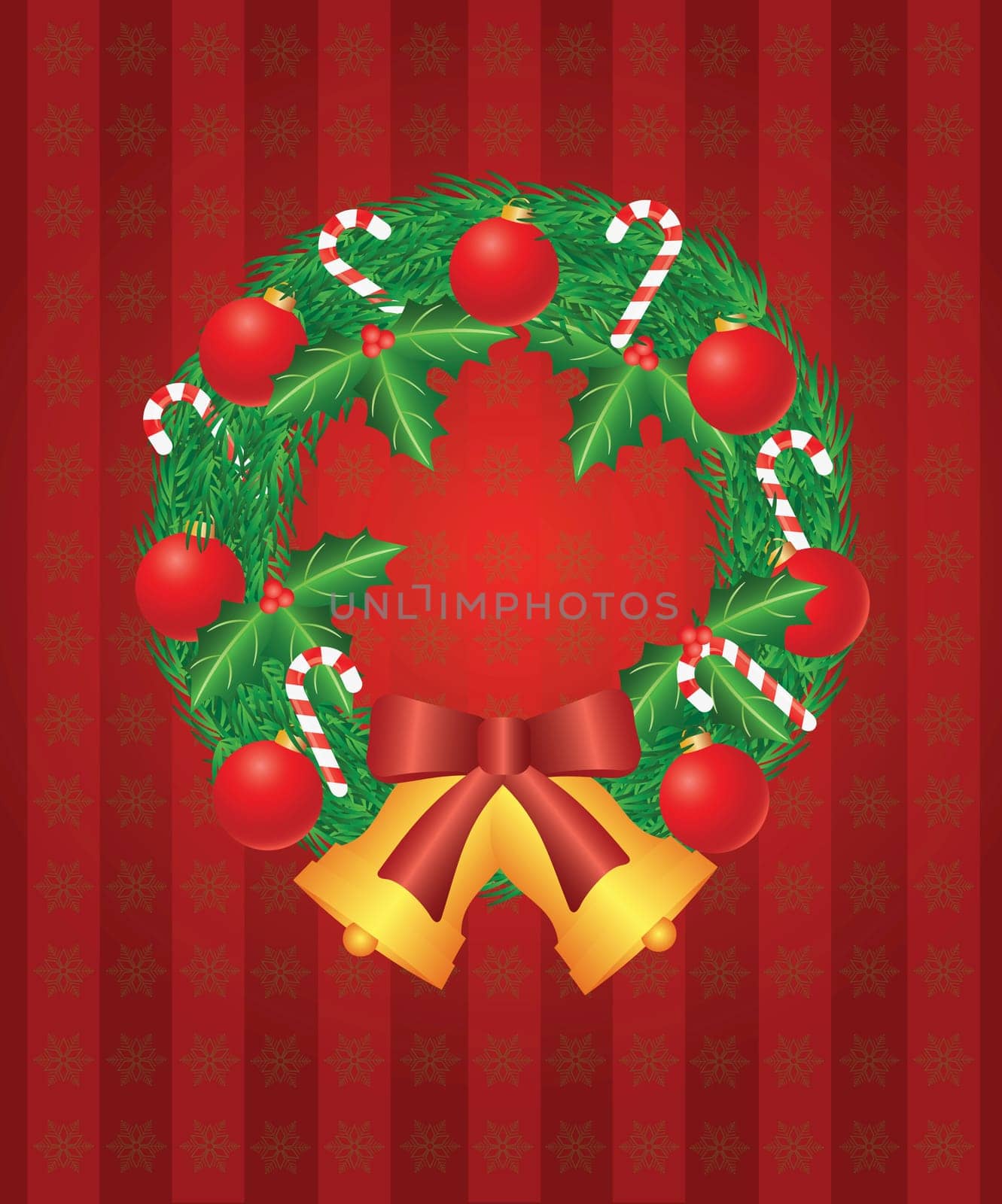 Christmas Wreath with Tree Ornaments Candy Cane Holly Leaf Berries Bells and Bow Illustration