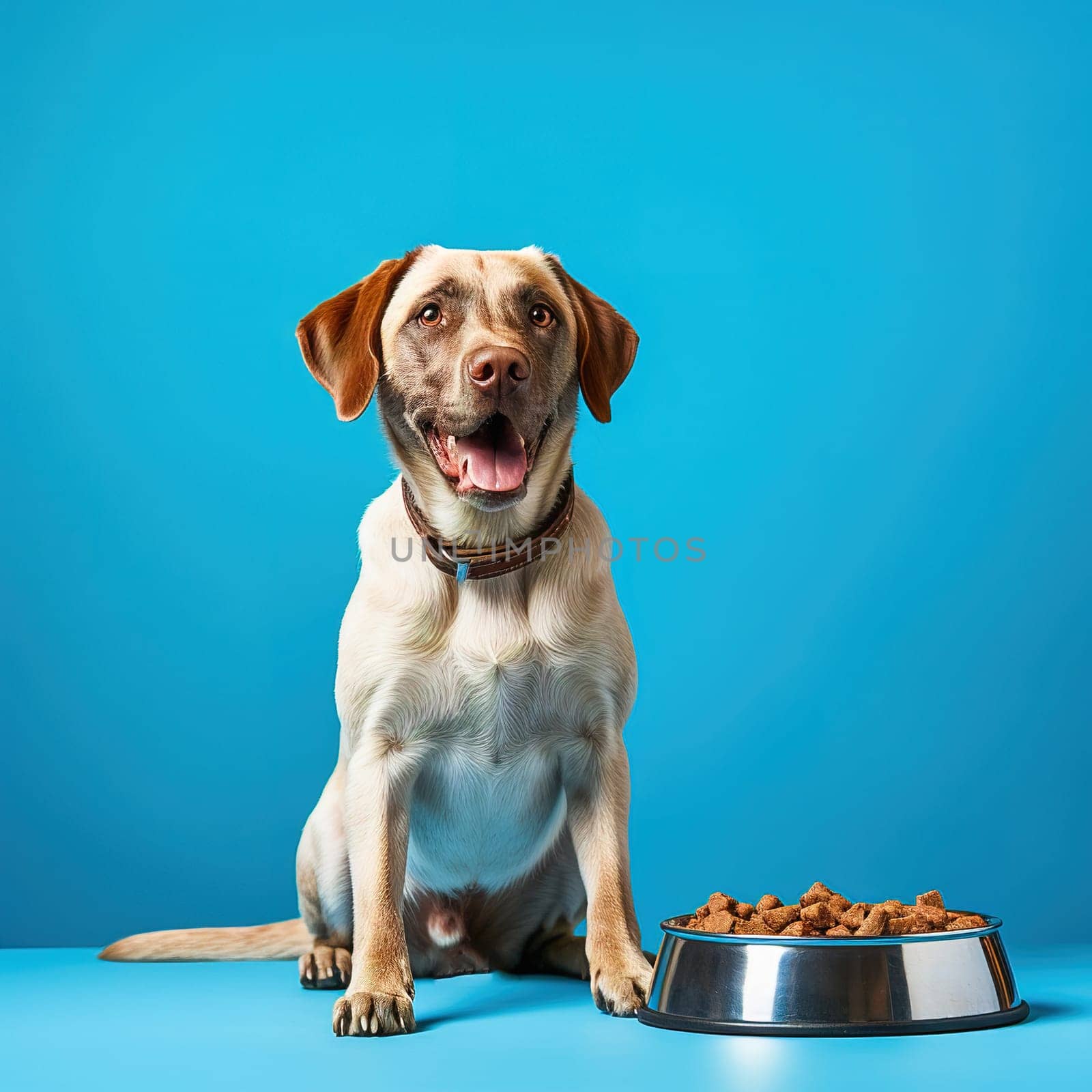 Light dog with a bowl for food on a yellow background. High quality photo