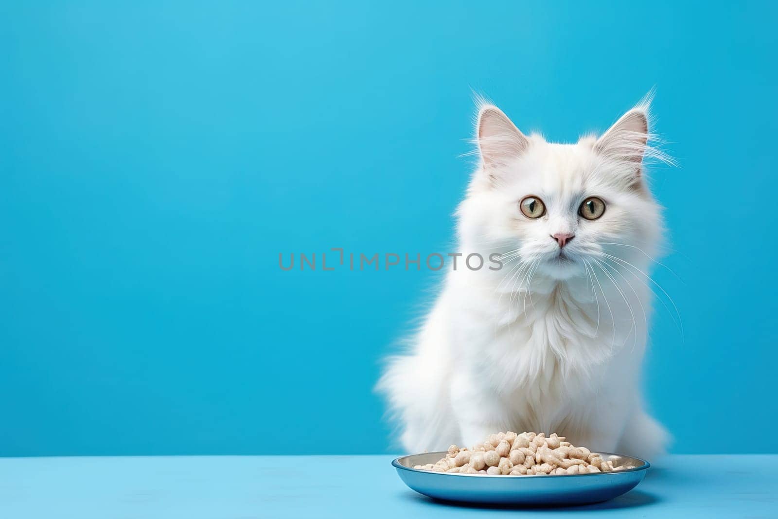 White cat with a bowl of cat food on a blue background. Studio photography. High quality photo