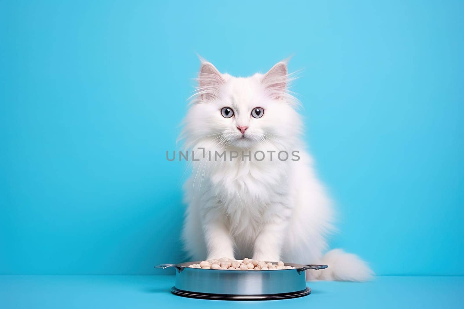 White cat with a bowl of cat food on a blue background. Studio photography. High quality photo
