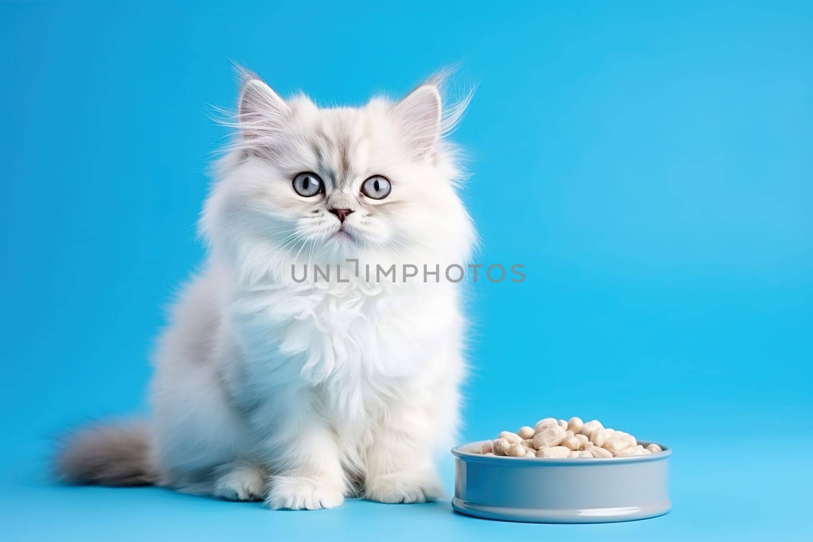 White cat with a bowl of cat food on a blue background. Studio photography. High quality photo