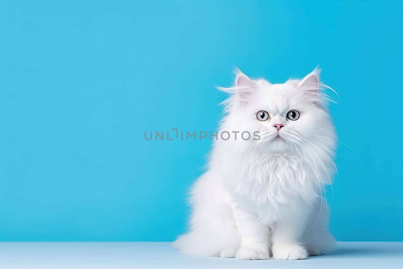 White fluffy cat on a blue background. Studio photography. High quality photo