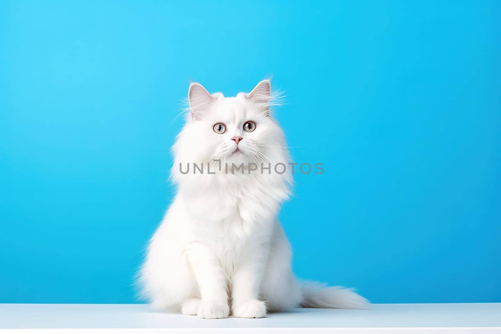 White fluffy cat on a blue background. Studio photography. High quality photo