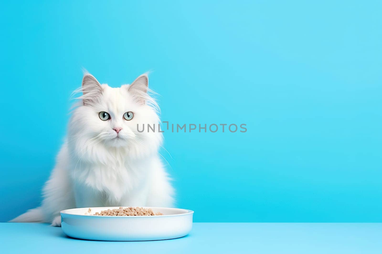 White cat with a bowl of cat food on a blue background. Studio photography. High quality photo