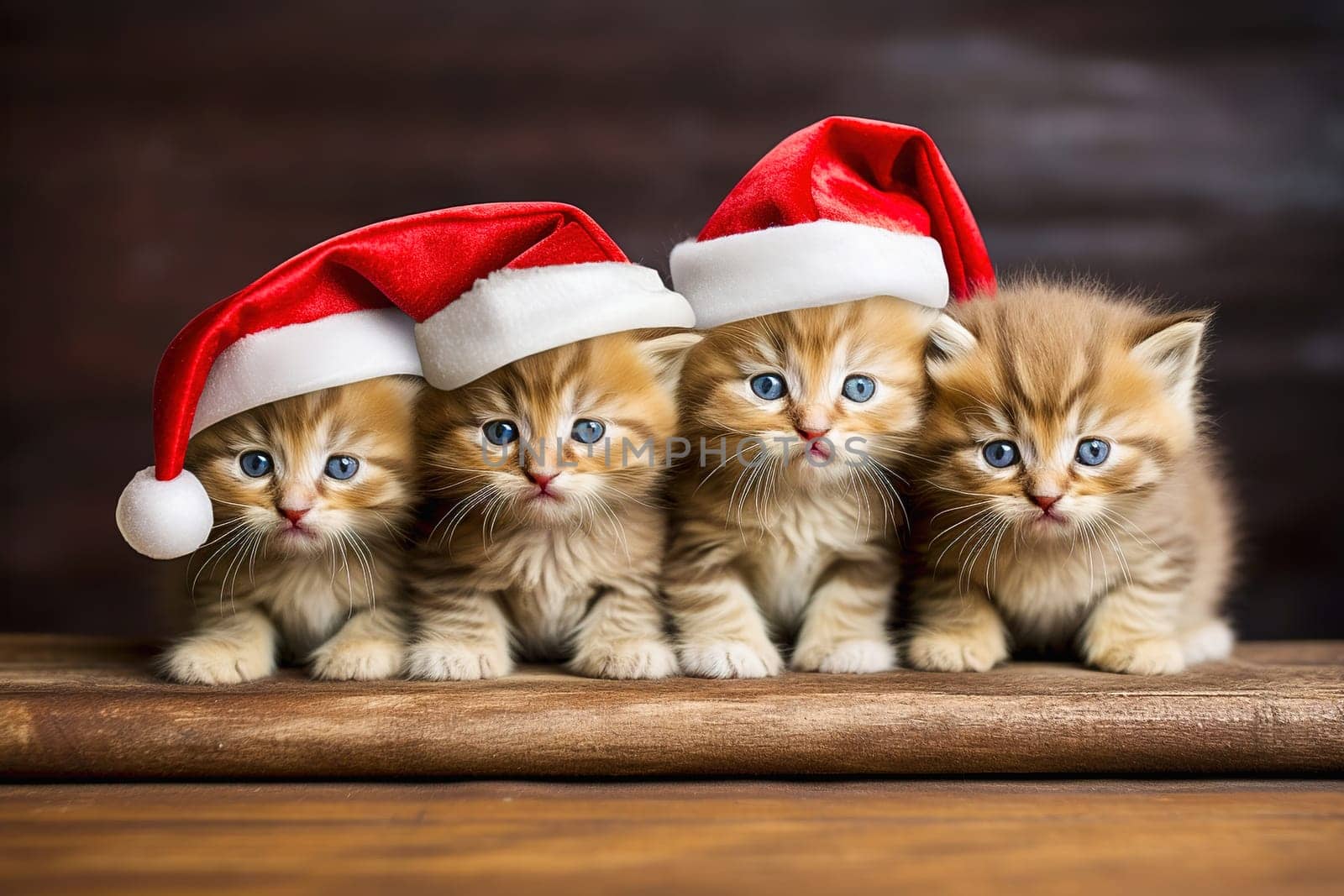 Red kittens in New Year's hats for Christmas. High quality photo