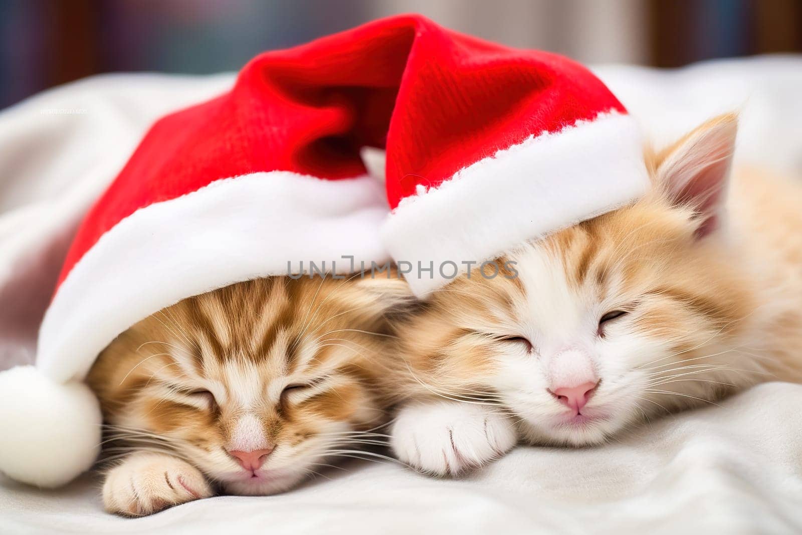 Red kittens in New Year's hats for Christmas. High quality photo