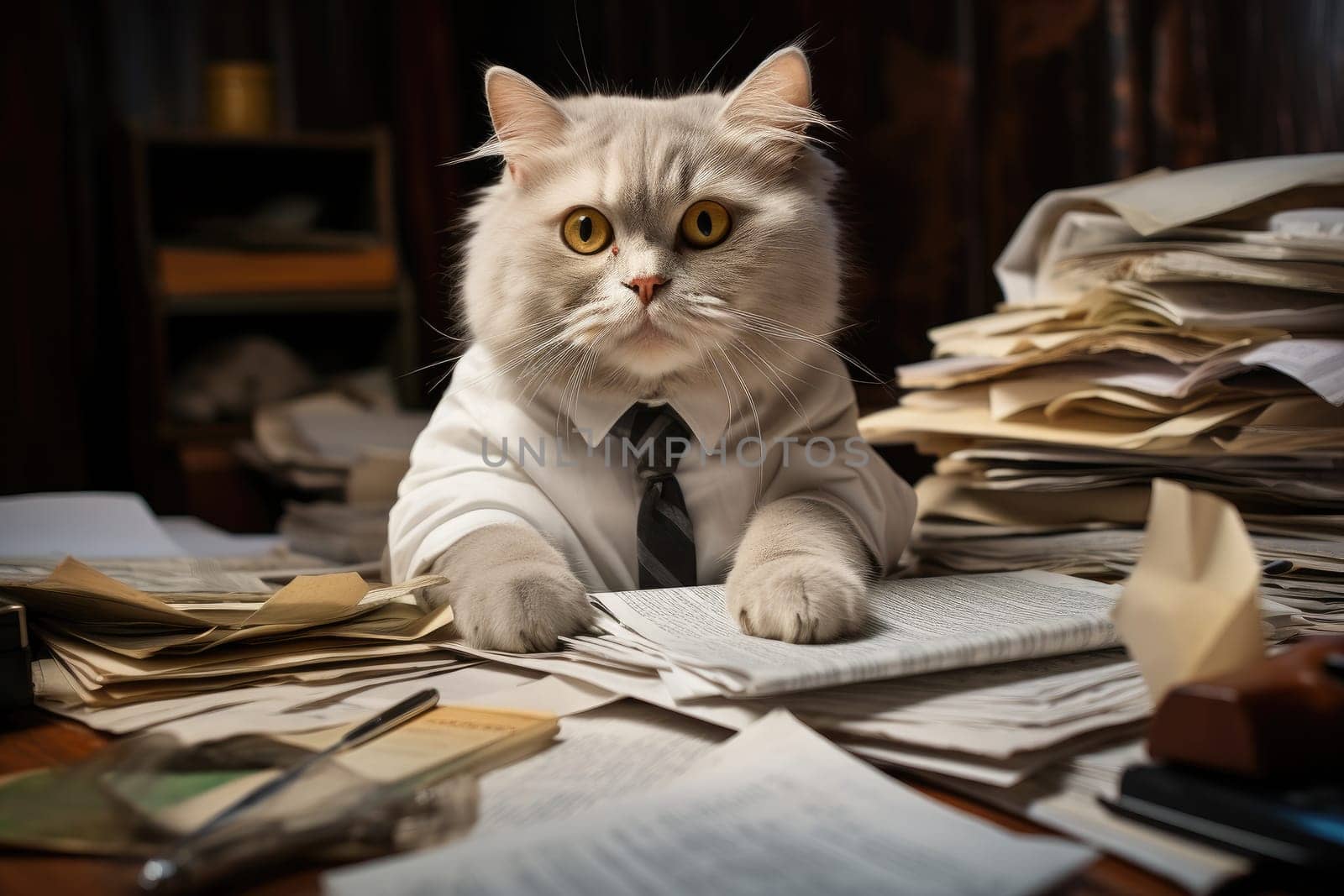 Business cat working with paperwork at office. Generative AI.