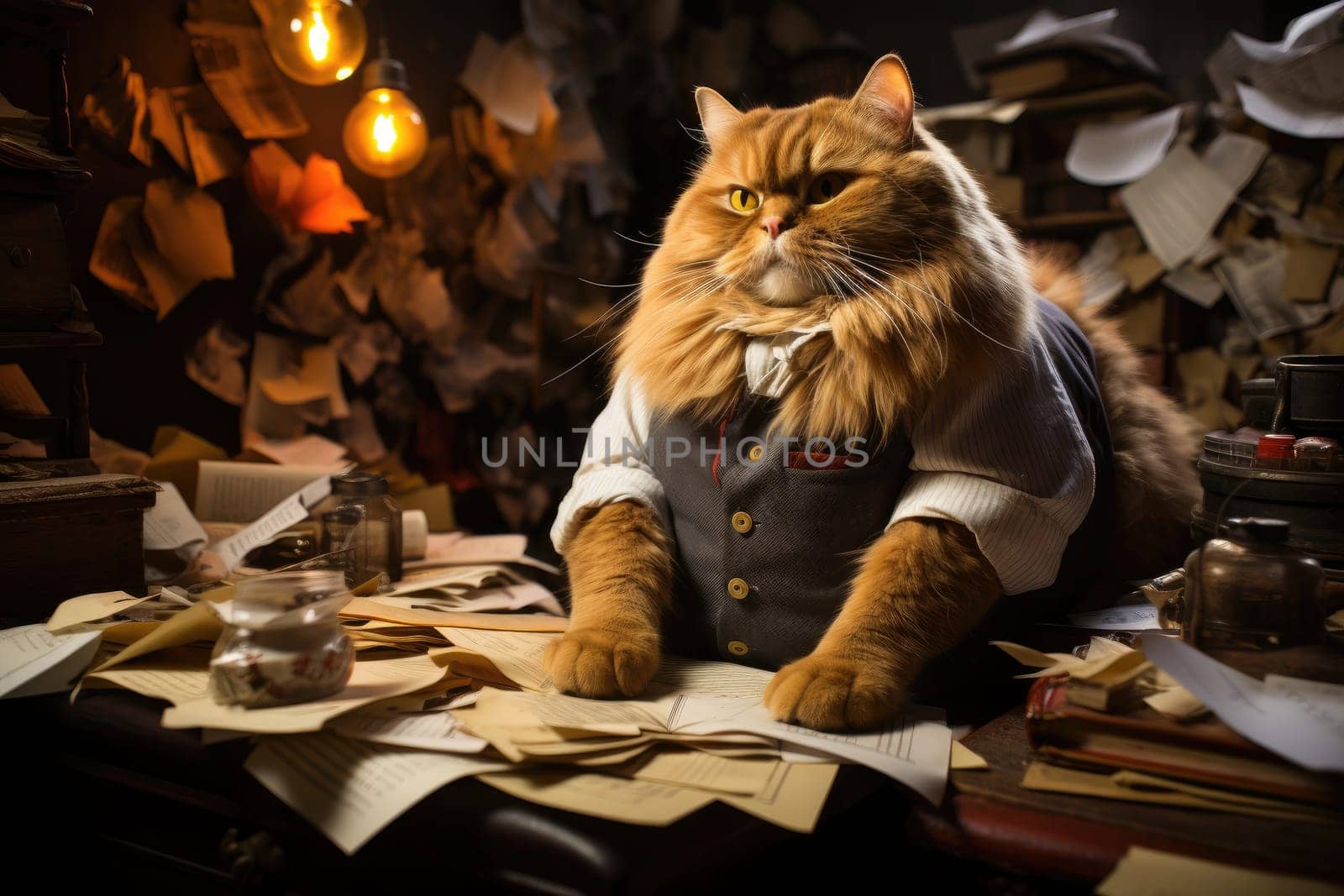 Business cat working with paperwork at office. Generative AI by itchaznong