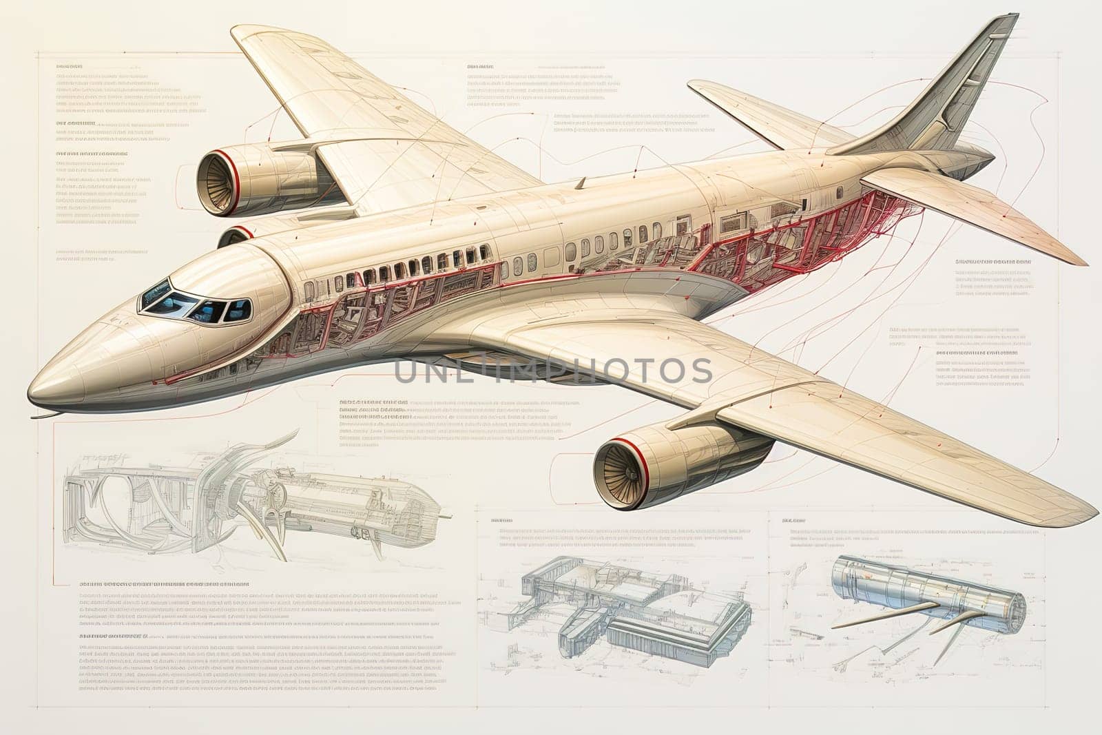 Model with drawings of a fantastic jet aircraft. High quality illustration